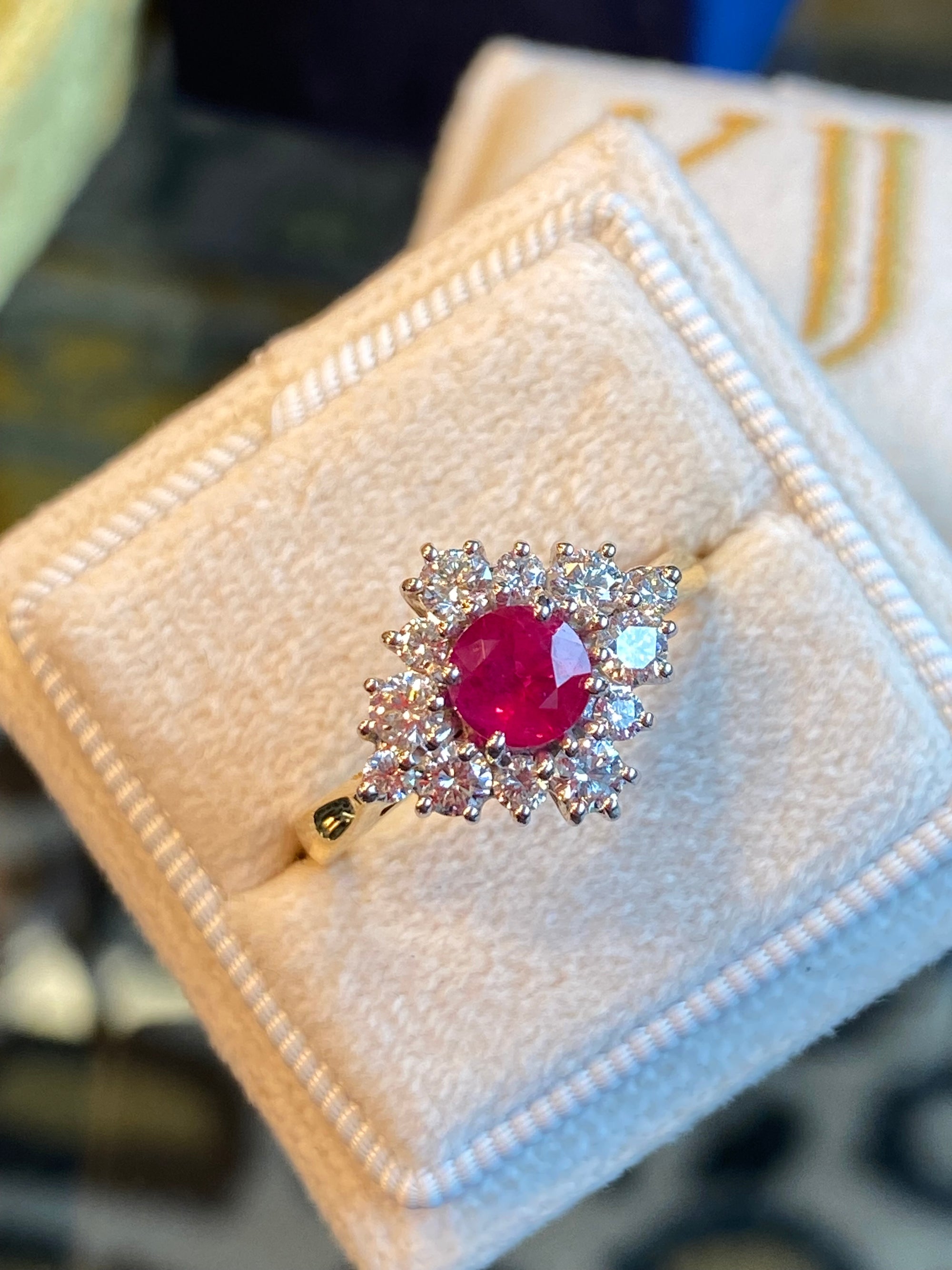 1.31 CTW Round-Cut Ruby and Natural Diamond Halo Ring in 18ct White and Yellow Gold