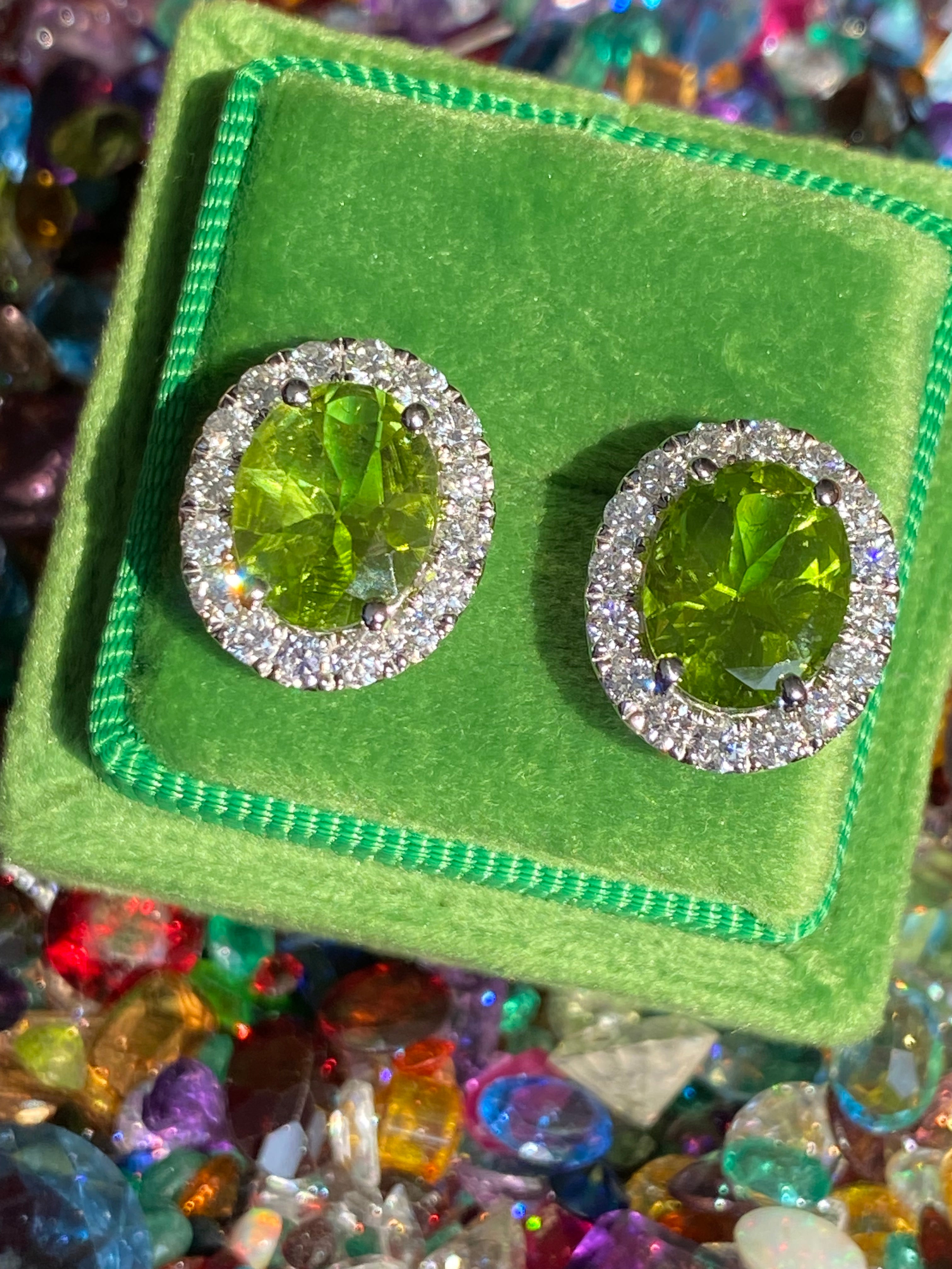 5.63 CTW Peridot and Natural Diamond Stud Earrings in 9ct White Gold