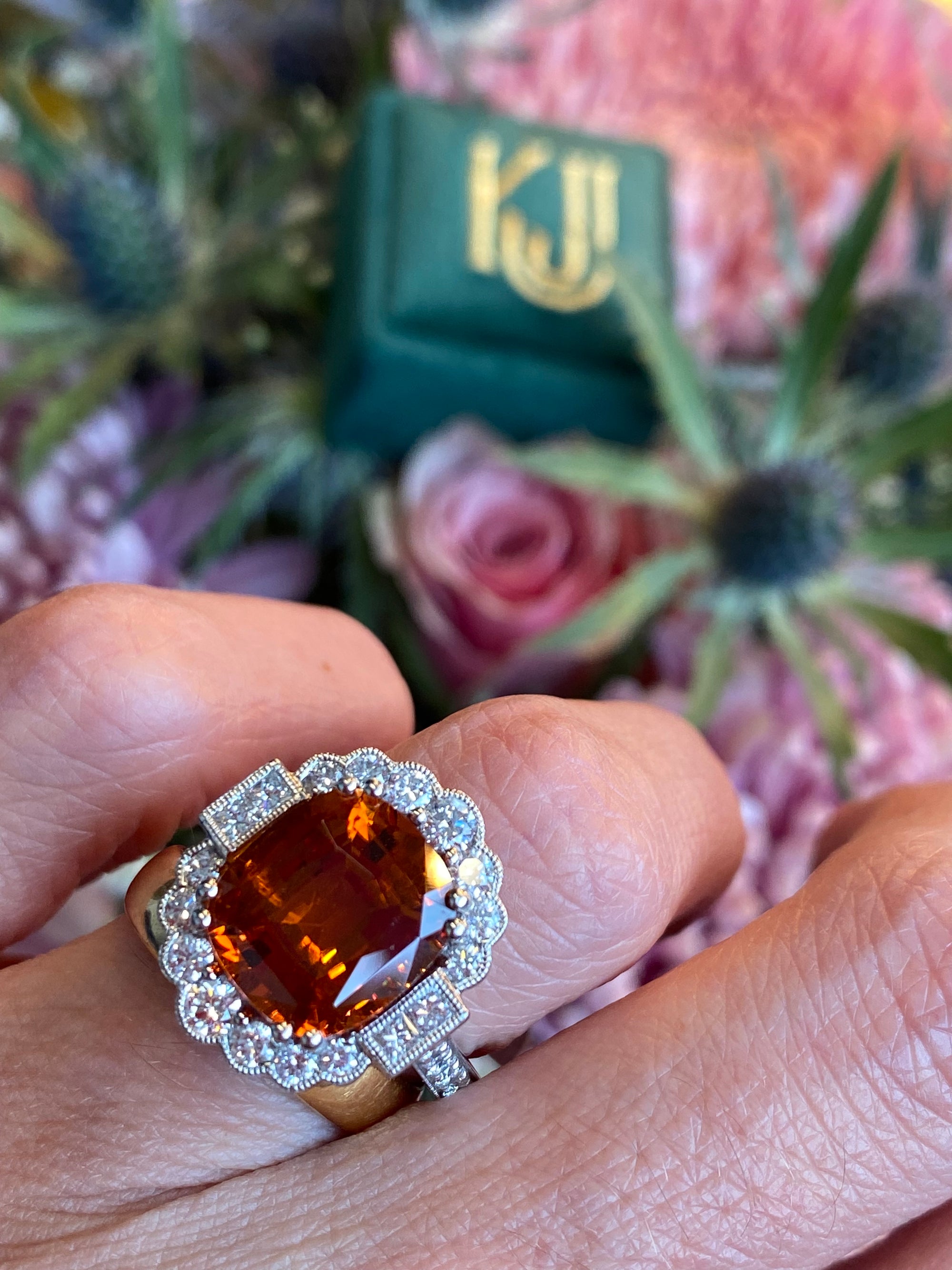5.95 Carat Hessonite Garnet and 1.03ctw Natural Diamond Ring in Platinum