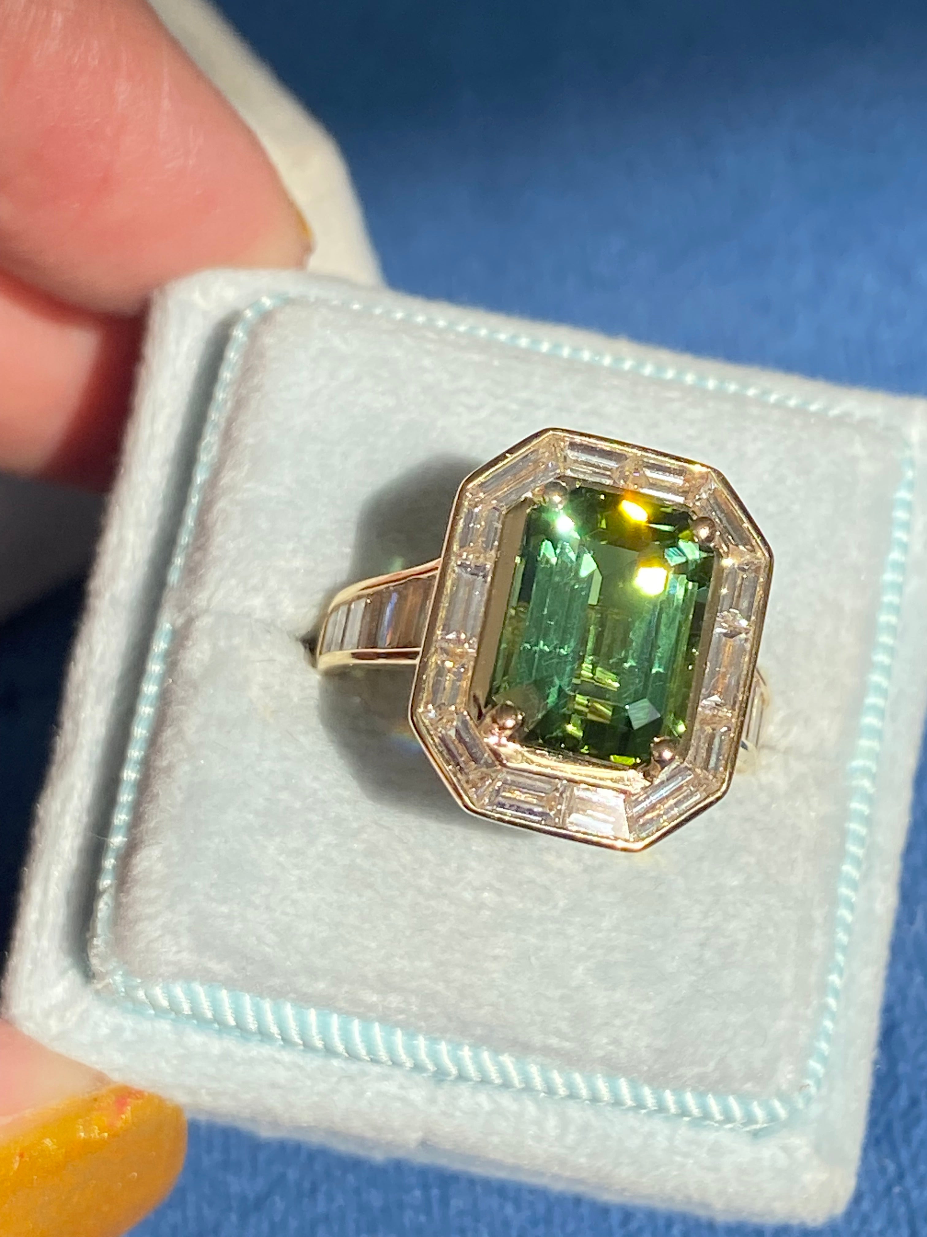 3.85 Carat Green Tourmaline and 1.84ctw Natural Diamond Ring in 18ct Yellow Gold