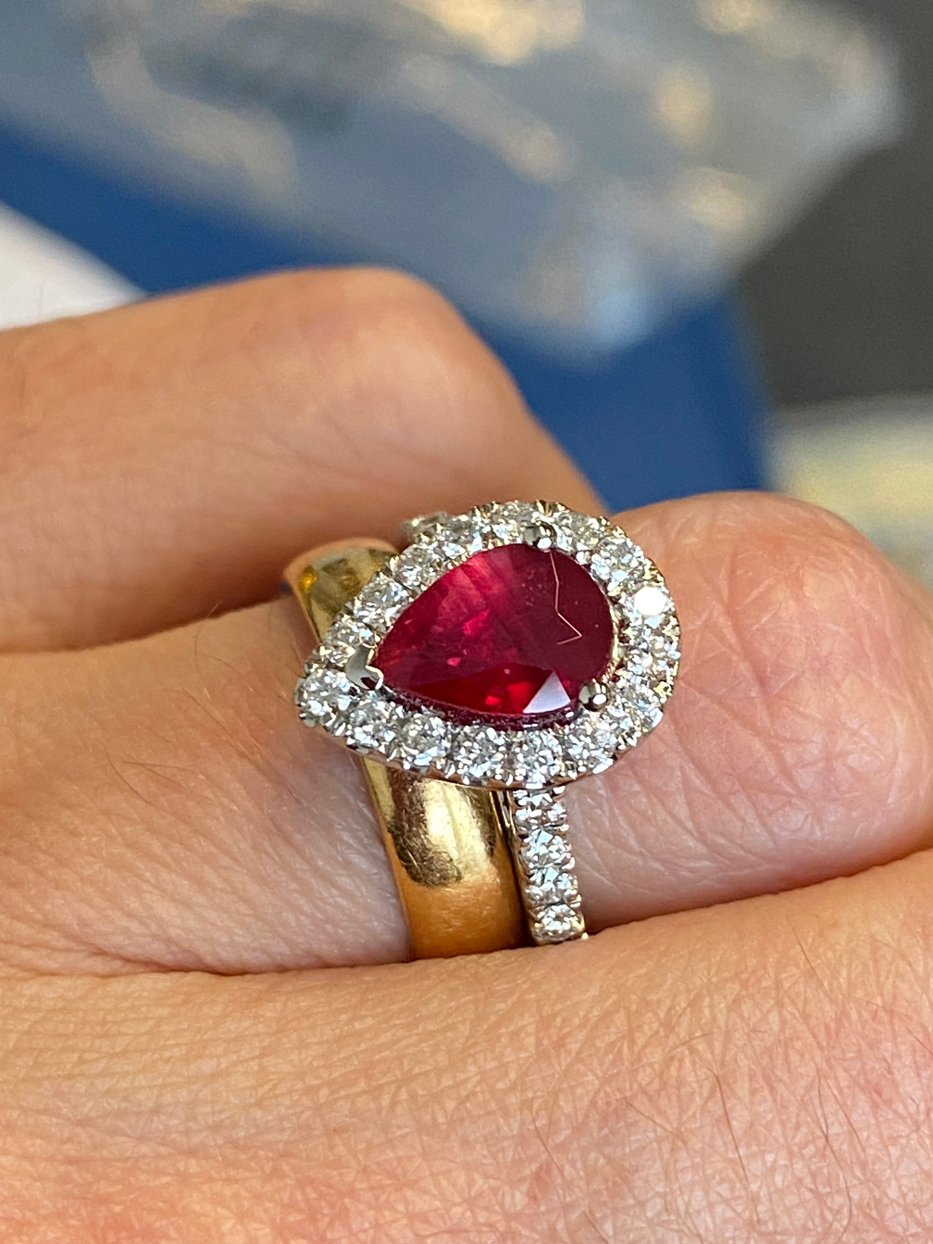2.08 CTW Pear Cut Ruby and Natural Diamond Ring in Platinum