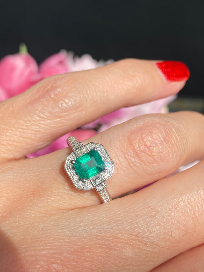 0.87 Carat Colombian Emerald and 0.46 ctw Natural Diamond Ring in Platinum
