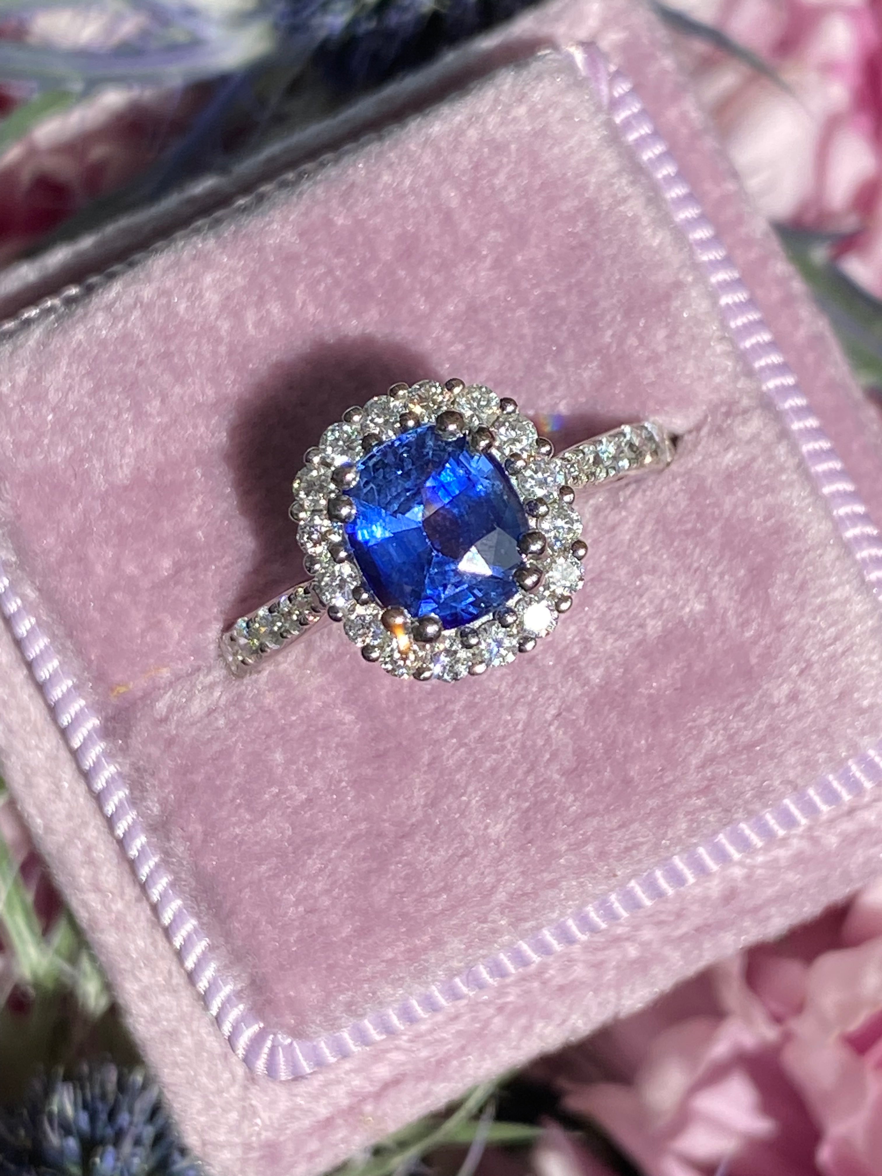 2.17 CTW Blue Ceylon Sapphire and Natural Diamond Three Stone Engagement Ring in Platinum