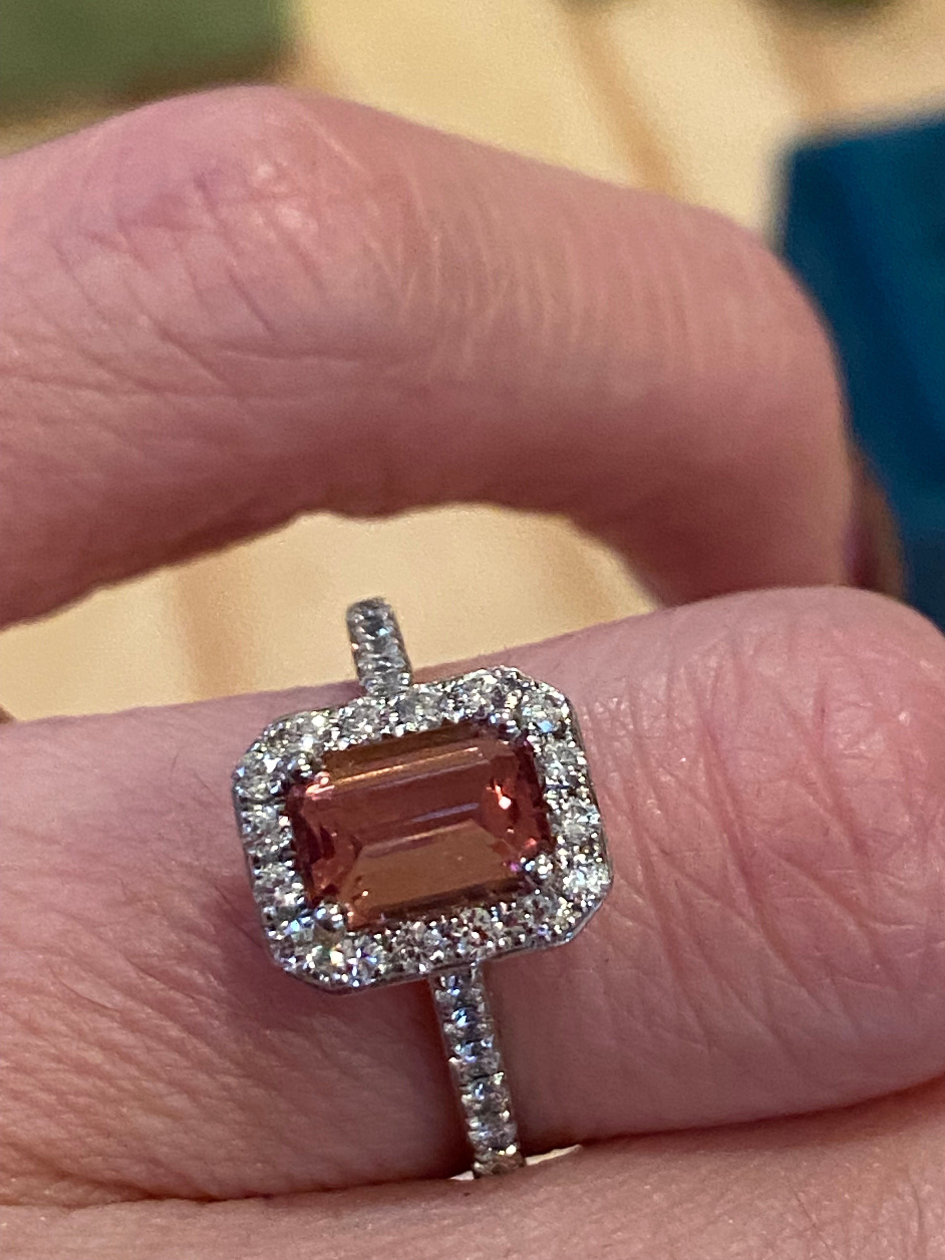 1.42 CTW Emerald Cut Pink Tourmaline and Natural Diamond Halo Ring in Platinum