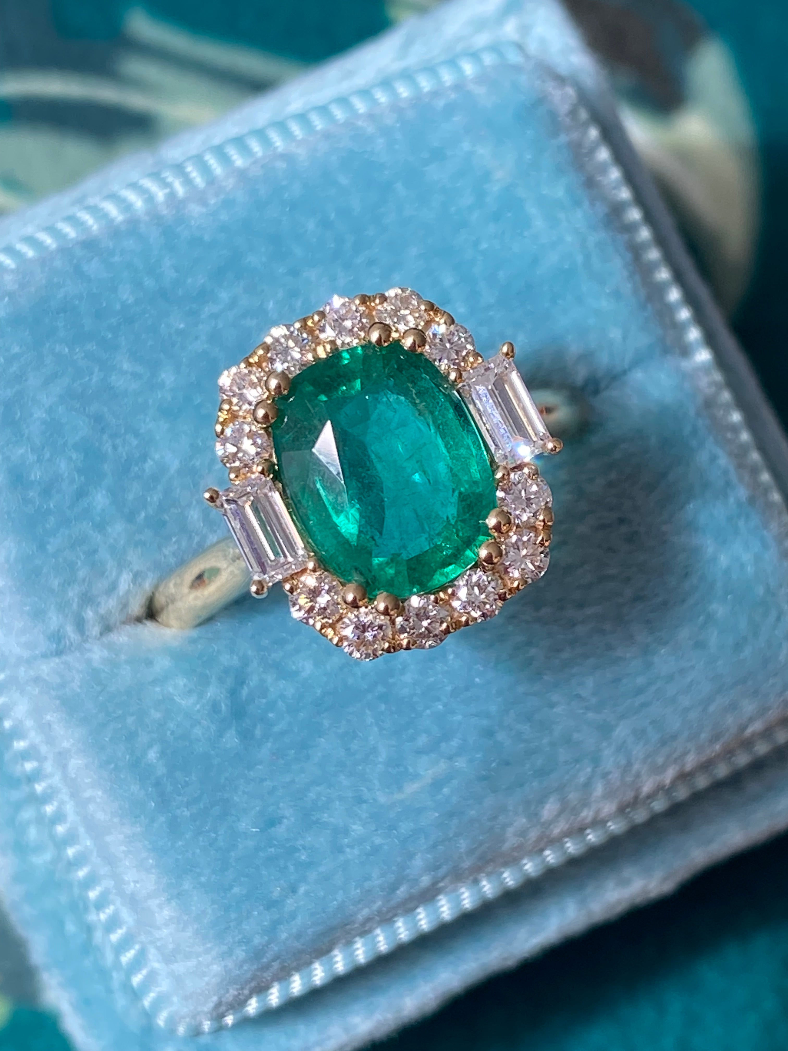 2.59 CTW Cushion Cut Emerald and Natural Diamond Halo Ring in 18ct Yellow Gold