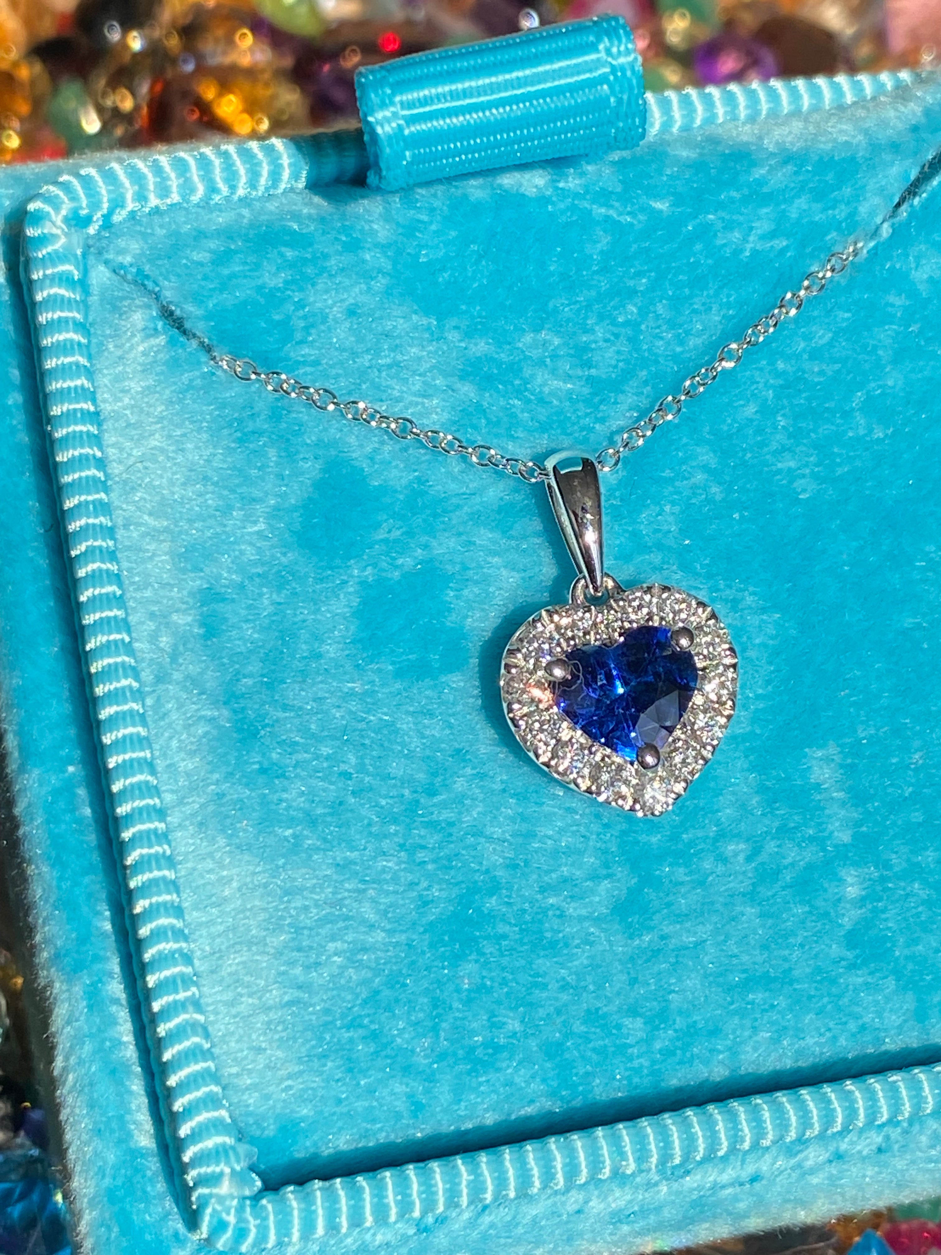 1.11 CTW Heart Shaped Ceylon Sapphire and Natural Diamond Pendant Necklace in 18ct White Gold