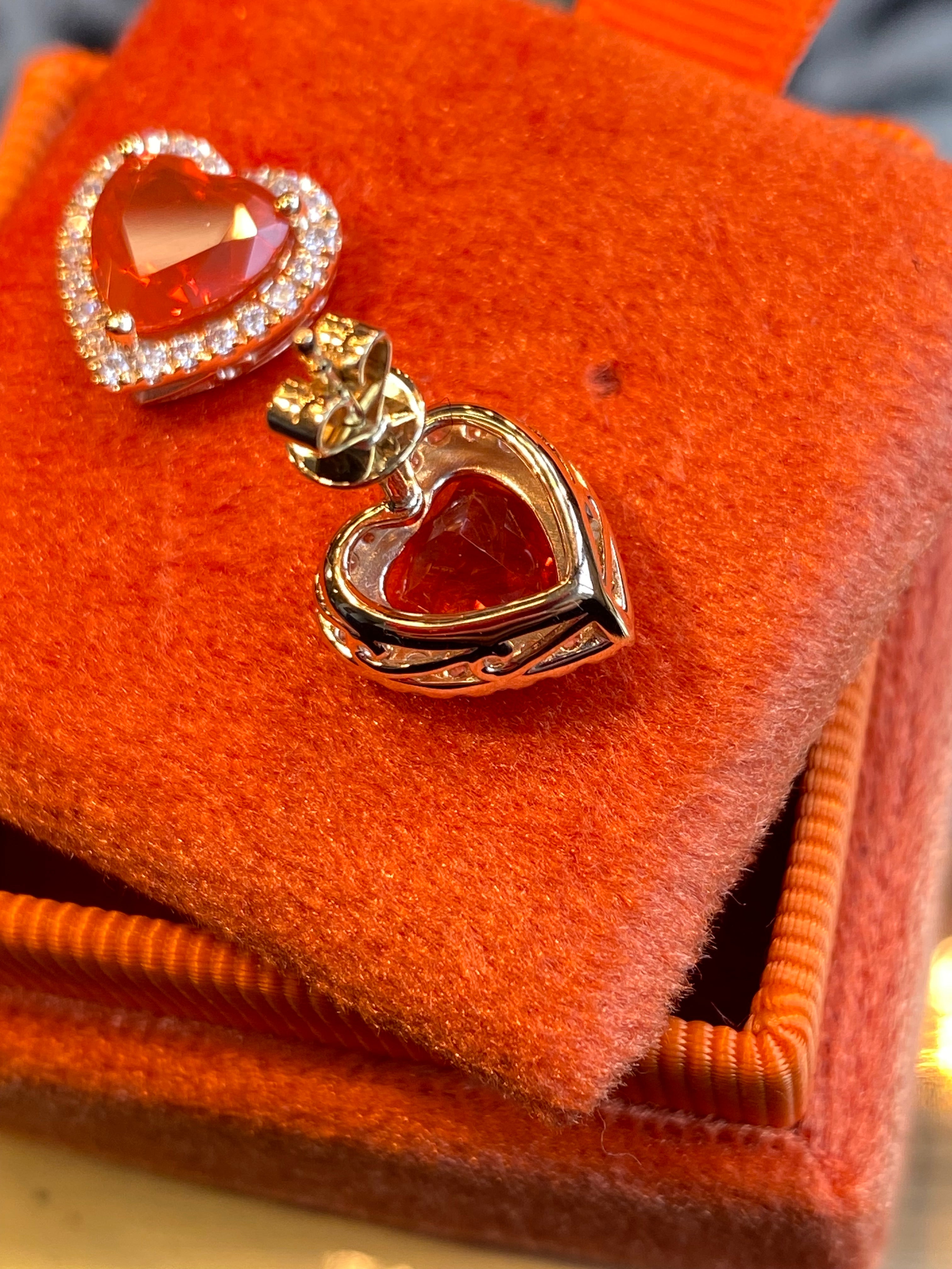 Heart Shaped Fire Opal and Natural Diamond Stud Earrings in 9ct Yellow Gold