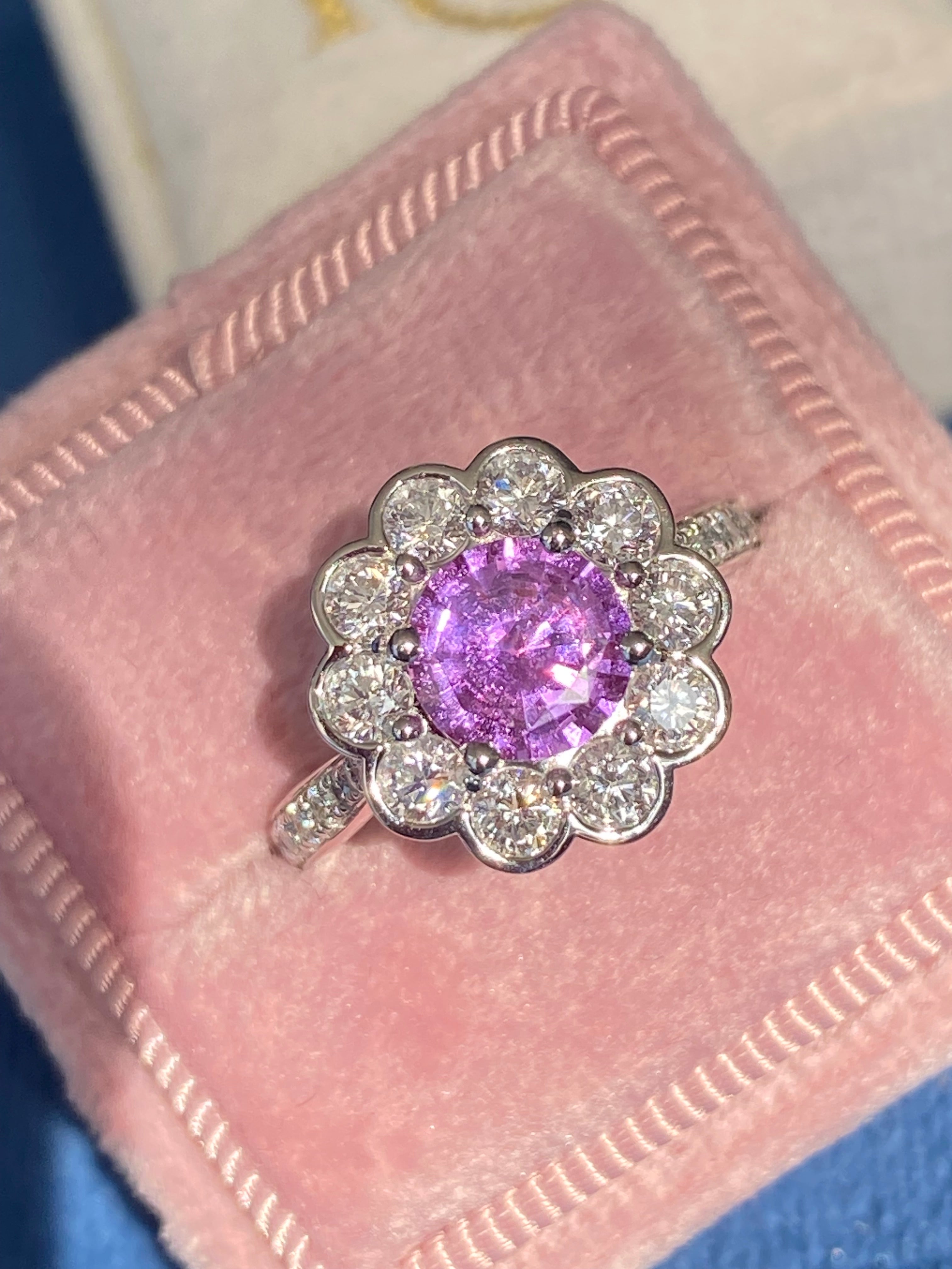 1.27 Carat Purple Sapphire and 1.02ctw Natural Diamond Halo Ring in Platinum