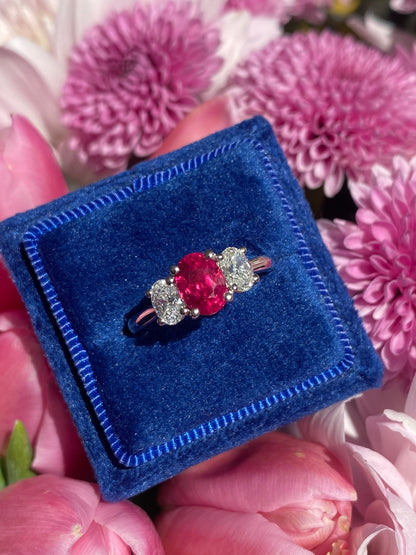 1.34 Carat Ruby and 0.66 Natural Diamond Three Stone Ring in Platinum