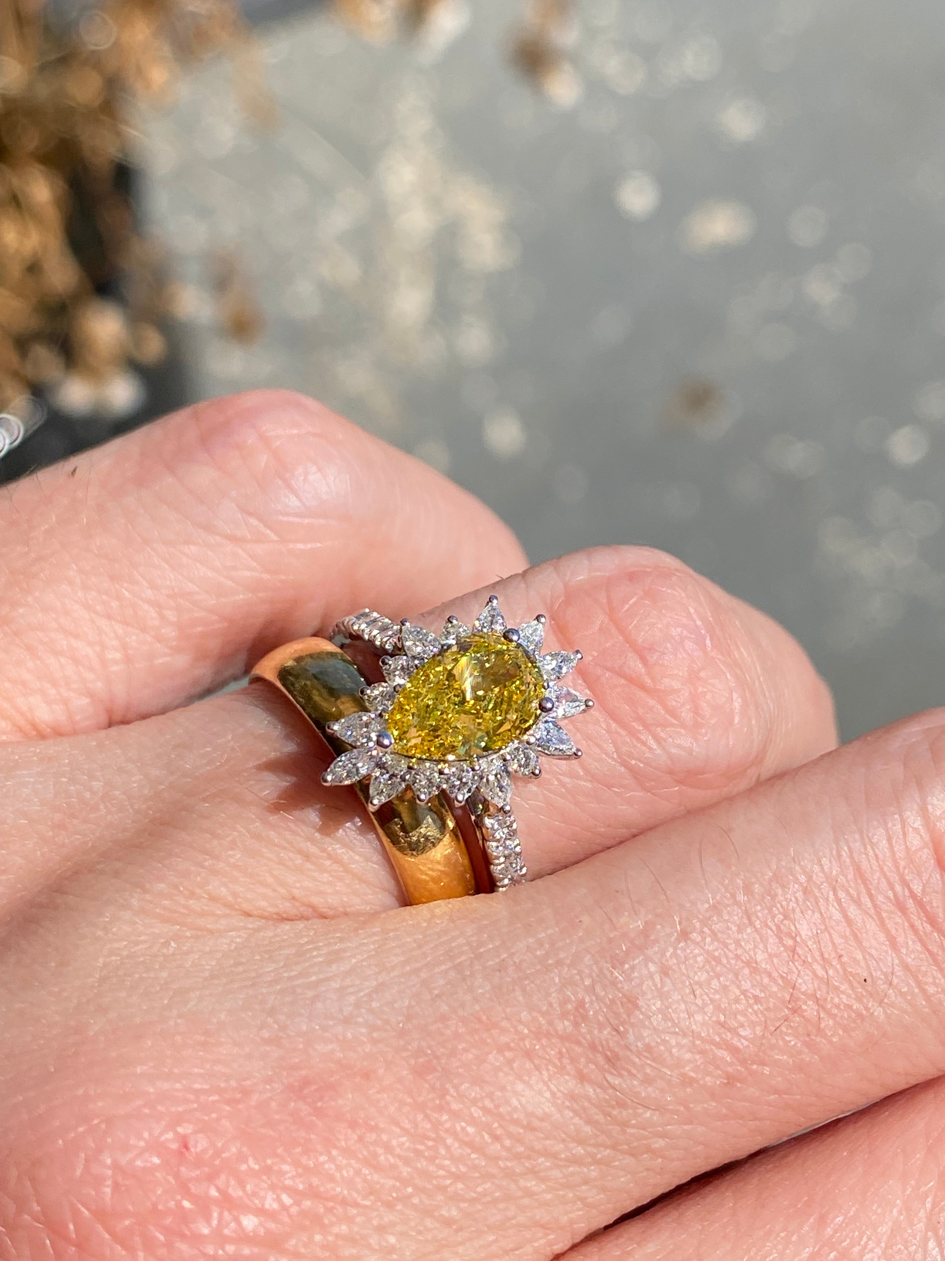 2.35 CTW Pear Cut Fancy Yellow Lab Diamond Halo Engagement Ring in Platinum