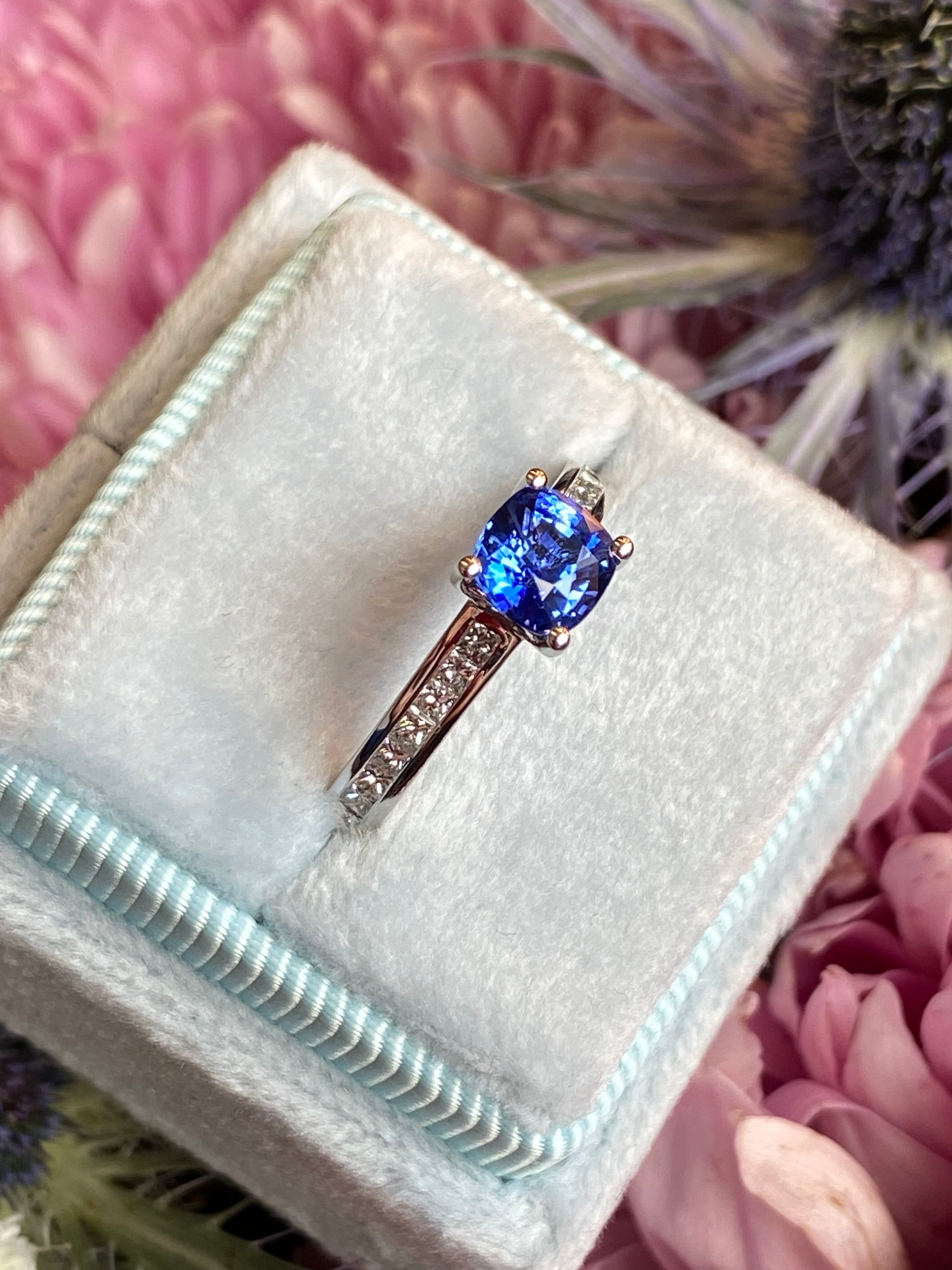 1.02 Carat Cushion Cut Blue Ceylon Sapphire Solitaire Style Engagement Ring in Platinum