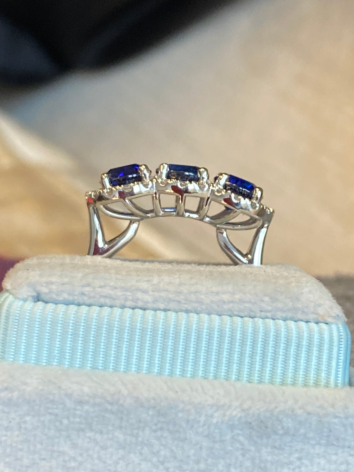 2.74 CTW Round Cut Blue Sapphire and Diamond Trilogy Ring in Platinum