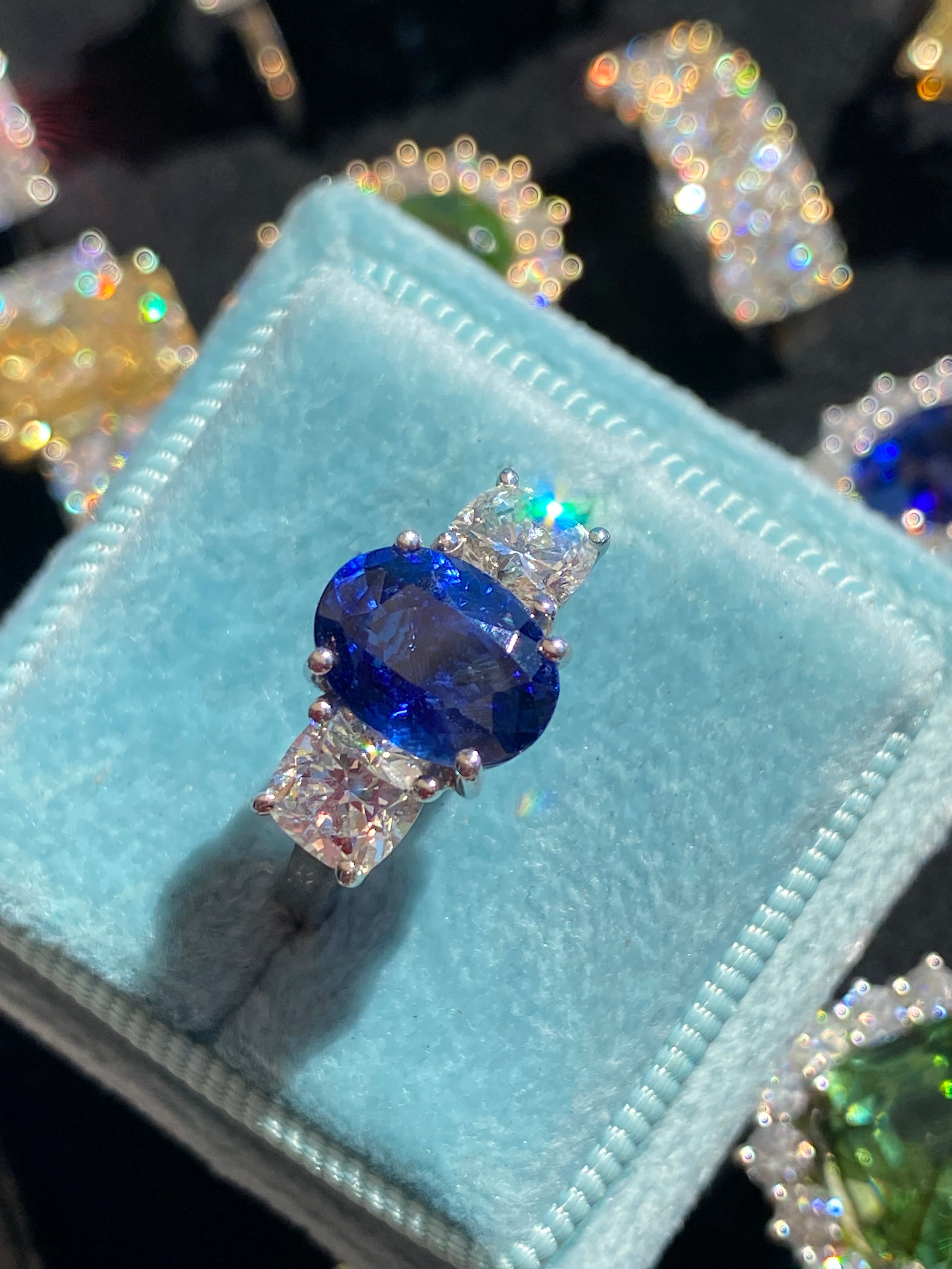 4.33 CTW Blue Ceylon Sapphire and Natural Diamond Three Stone Engagement Ring in Platinum