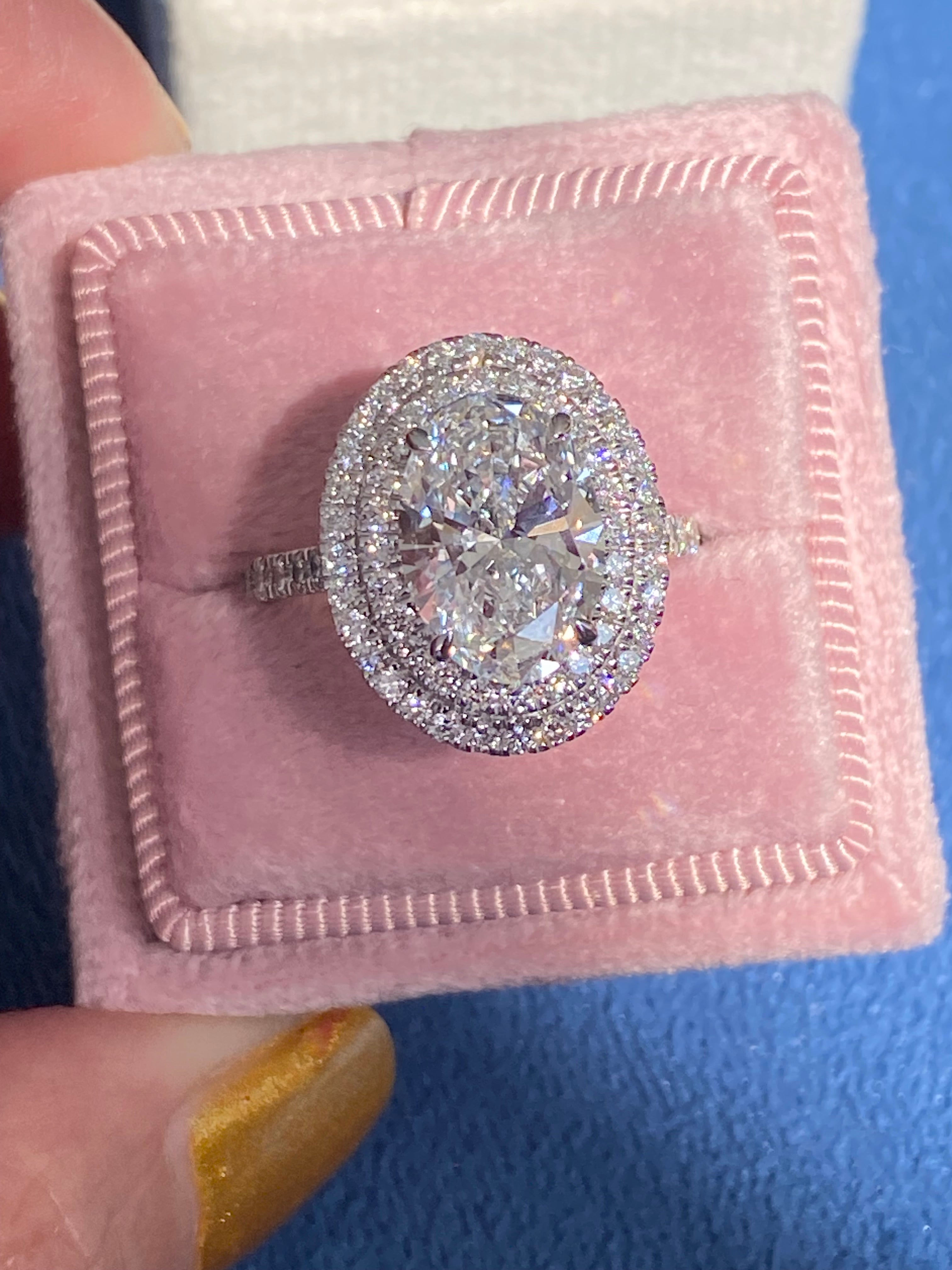 3.92 CTW Oval Cut Lab Diamond Double Halo Engagement Ring in Platinum