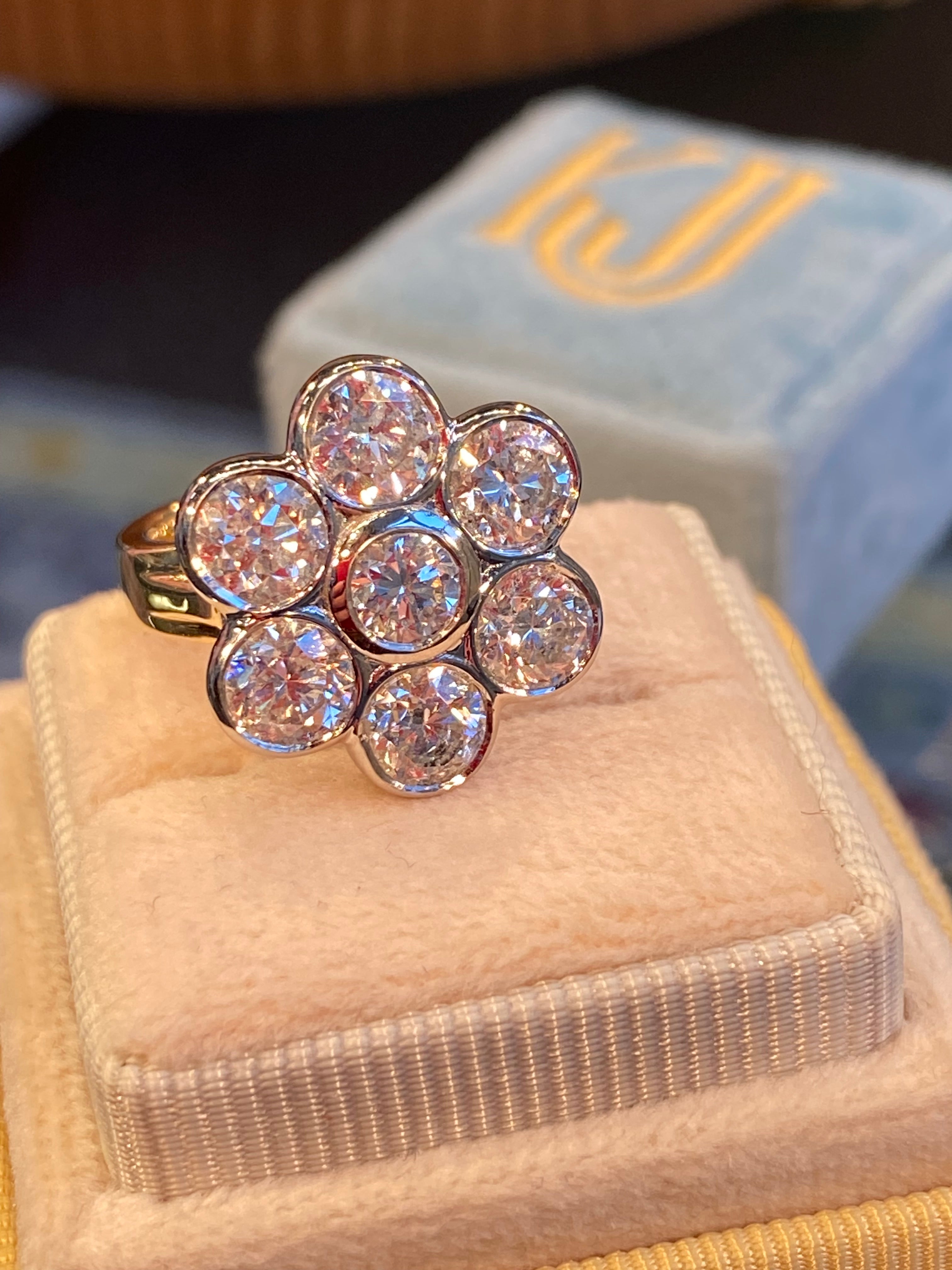 Vintage 4.07 CTW Natural Diamond Daisy Cluster Ring in Platinum and 18ct Yellow Gold