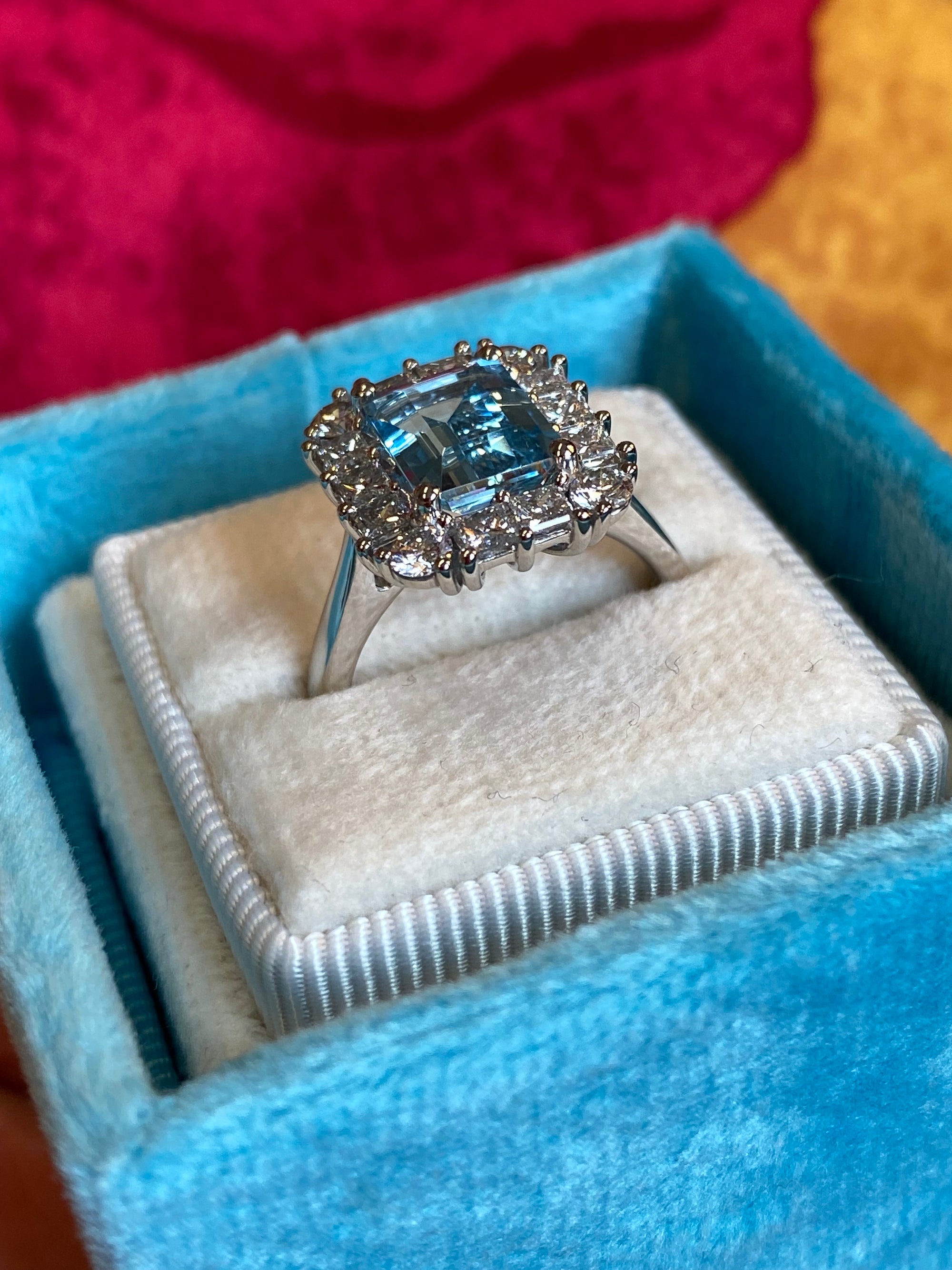 3.12 CTW Emerald Cut Aquamarine and Natural Diamond Halo Engagement Ring in Platinum