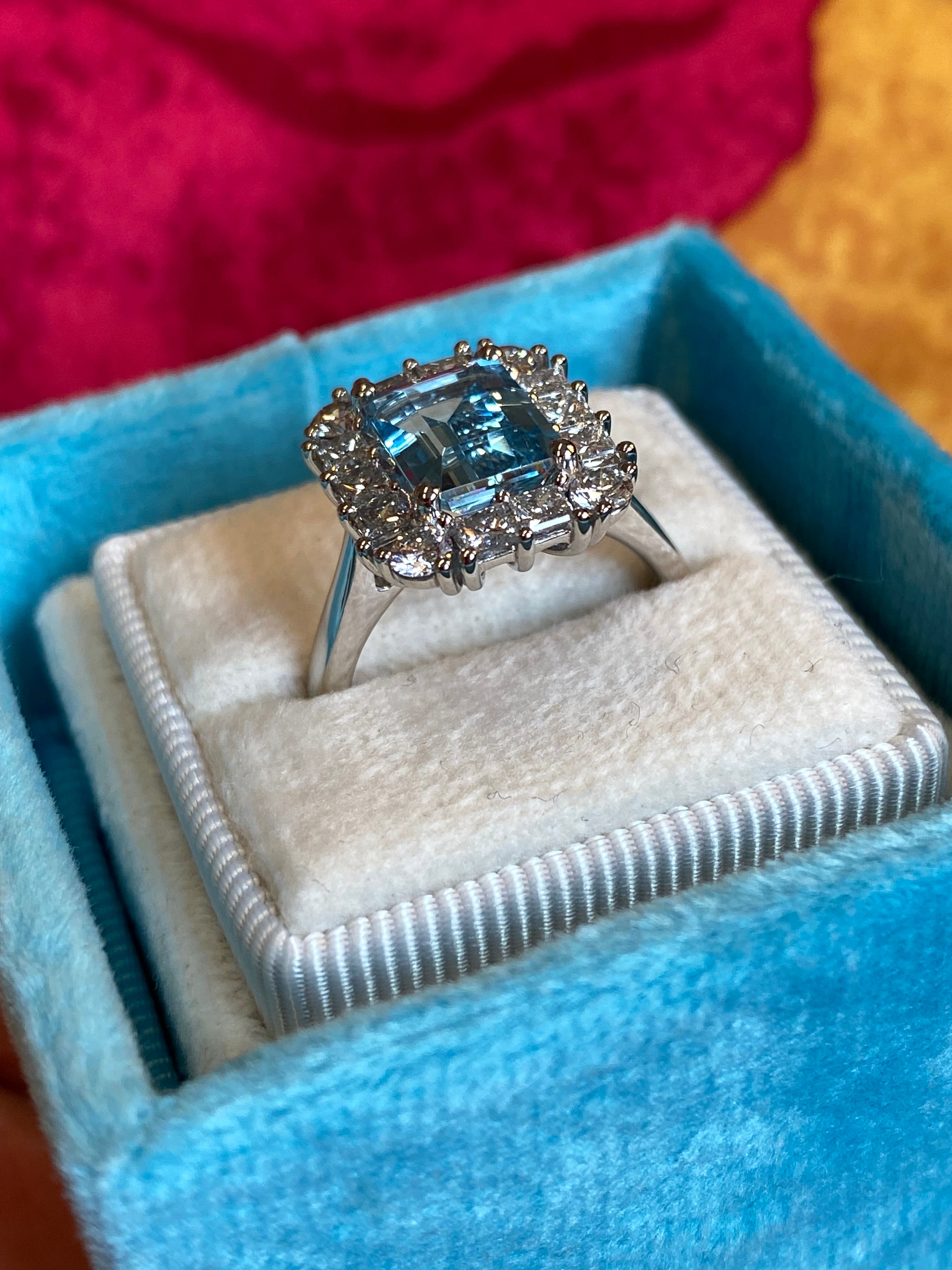 3.12 CTW Emerald Cut Aquamarine and Natural Diamond Halo Engagement Ring in Platinum