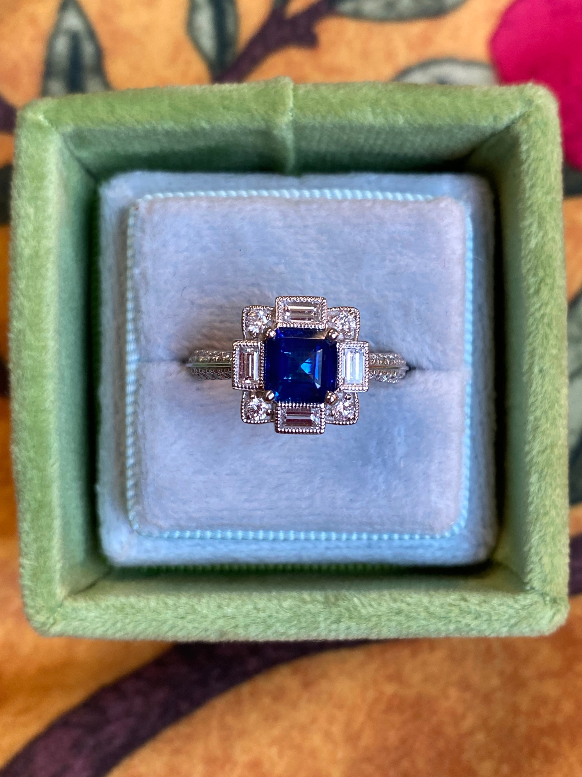 1.79 CTW Blue Ceylon Sapphire and Natural Diamond Art Deco Style Halo Ring in Platinum
