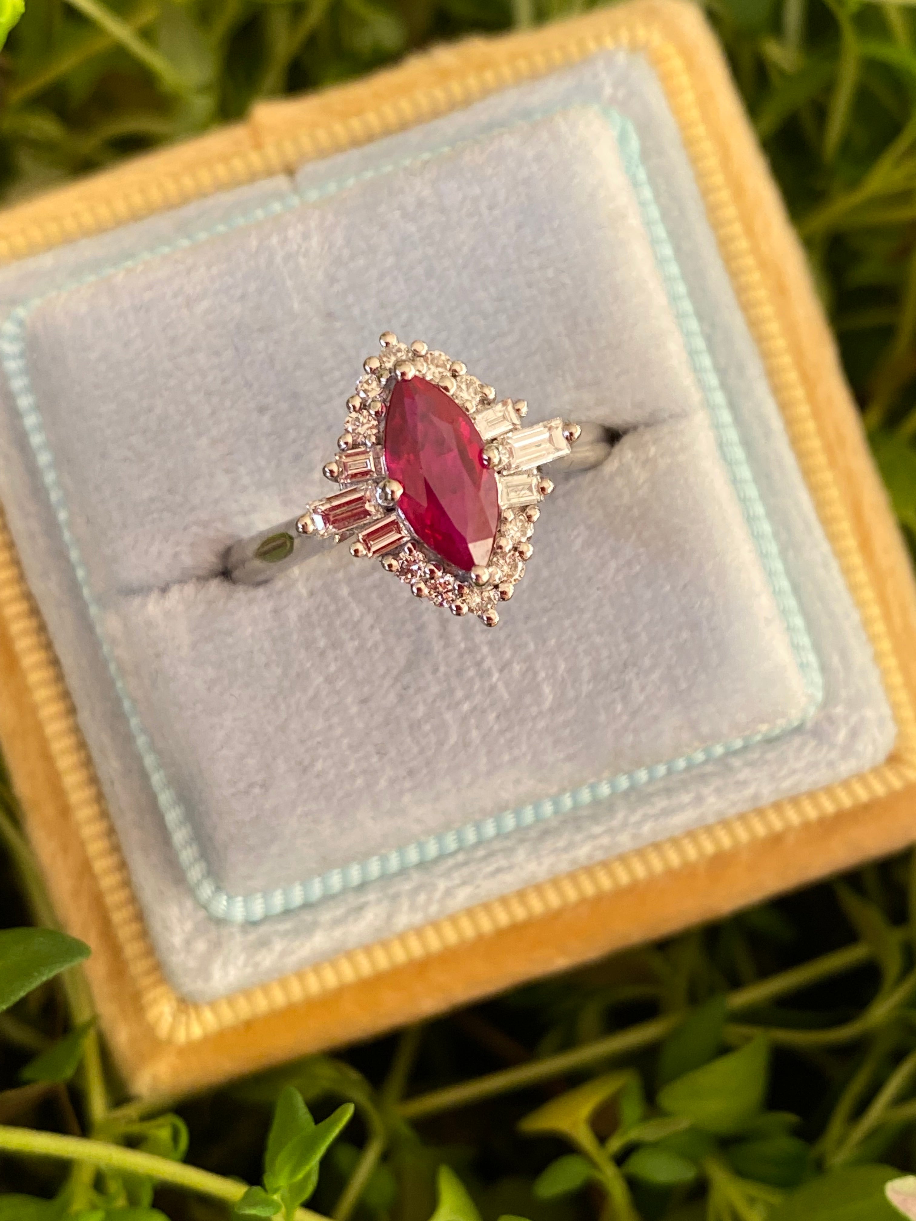 1.36ctw Marquise-Cut Ruby and Natural Diamond Halo Ring in Platinum