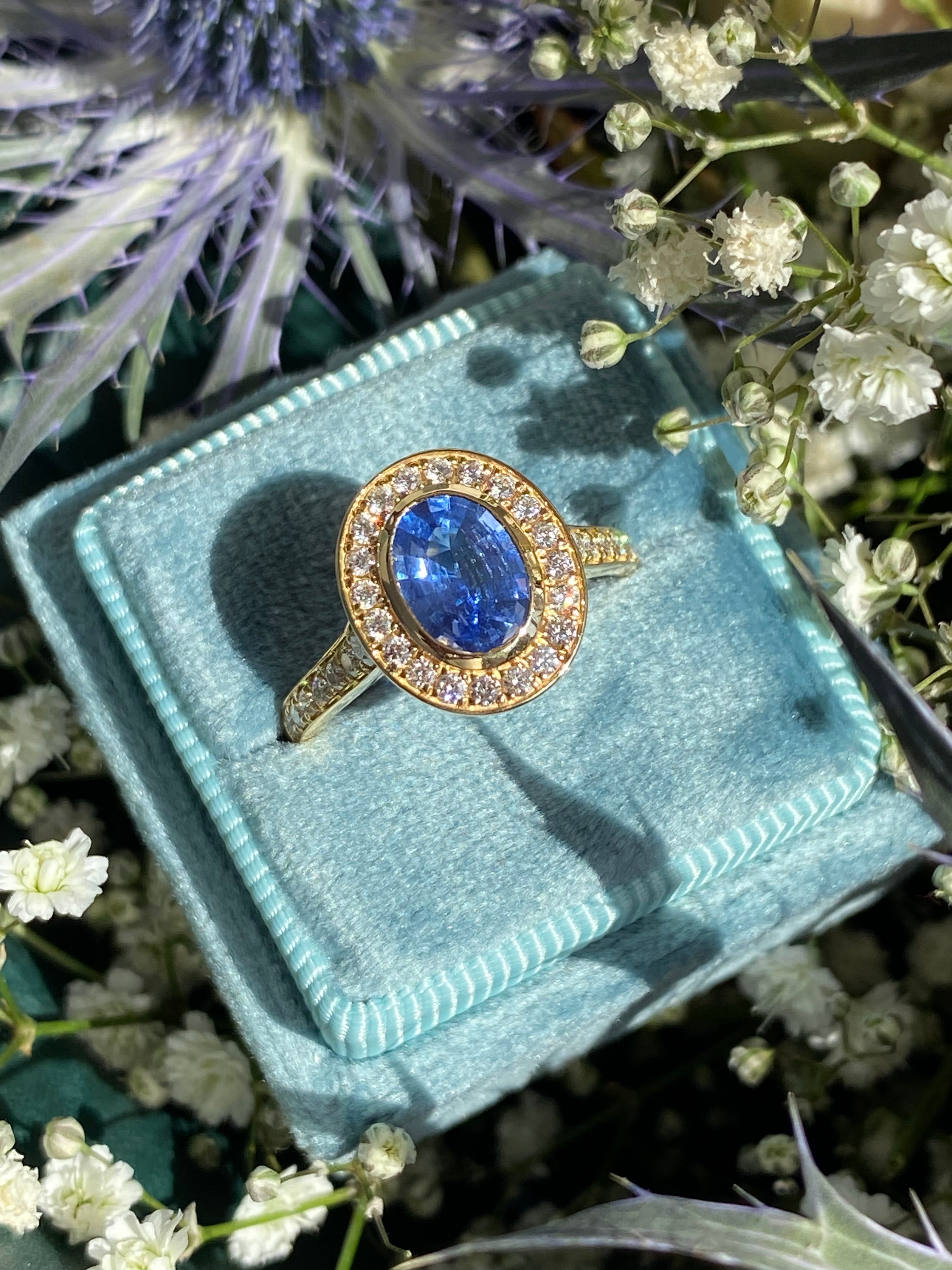 1.64 CTW Violet Sapphire and Natural Diamond Halo Ring in 18ct Yellow Gold