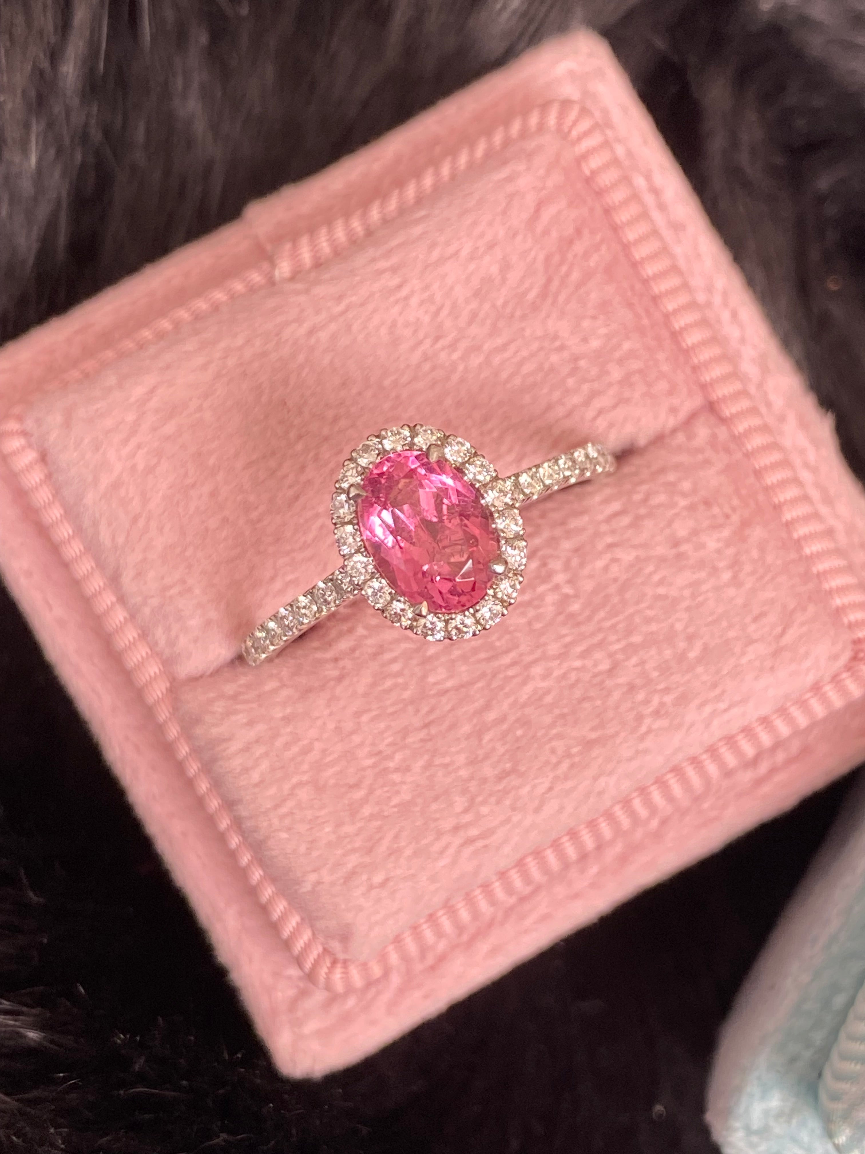 1.24 CTW Oval Cut Pink Sapphire and Natural Diamond Halo Engagement Ring in Platinum