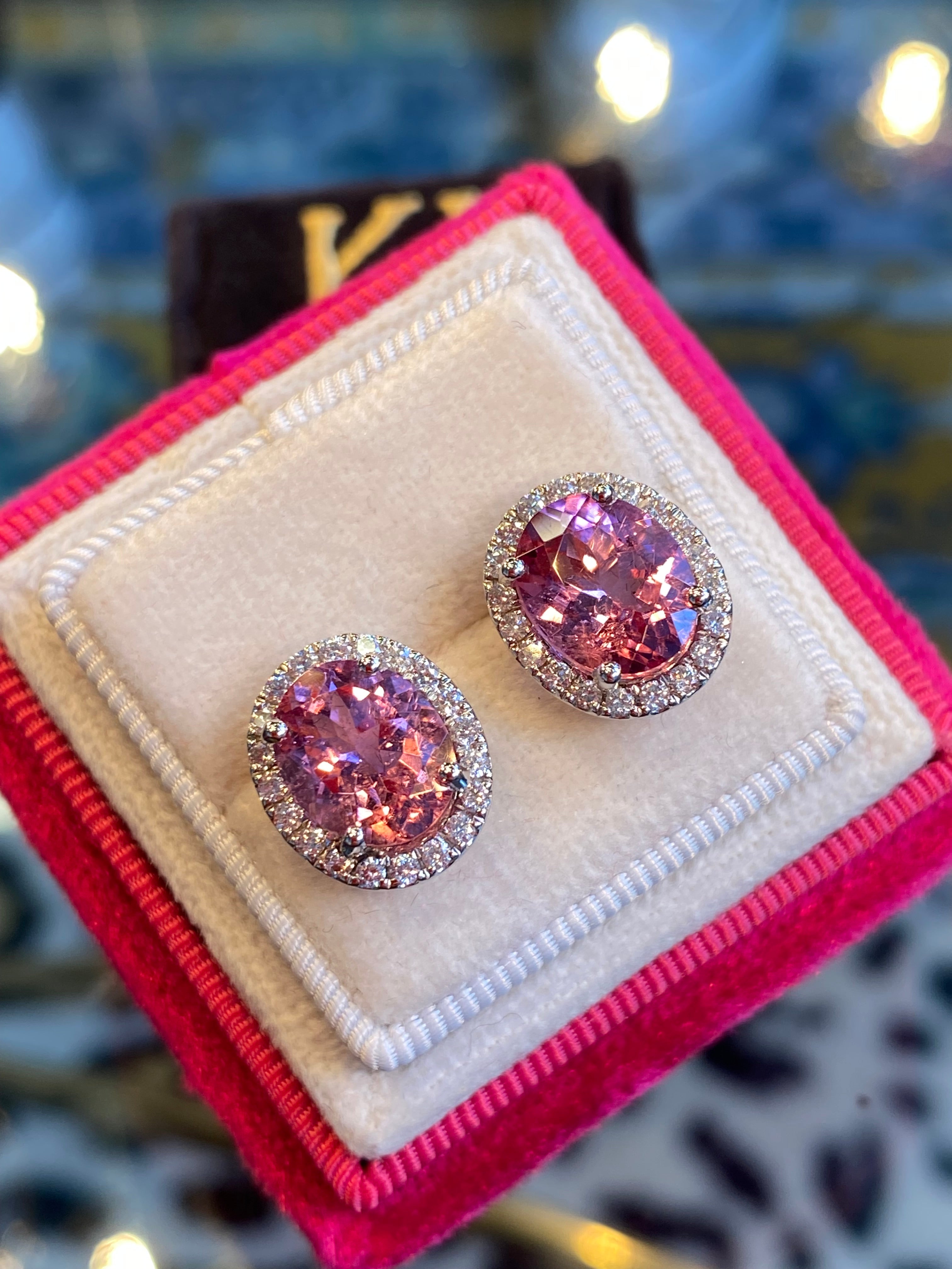 5.90 CTW Pink Tourmaline and Diamond Halo Stud Earrings in Platinum