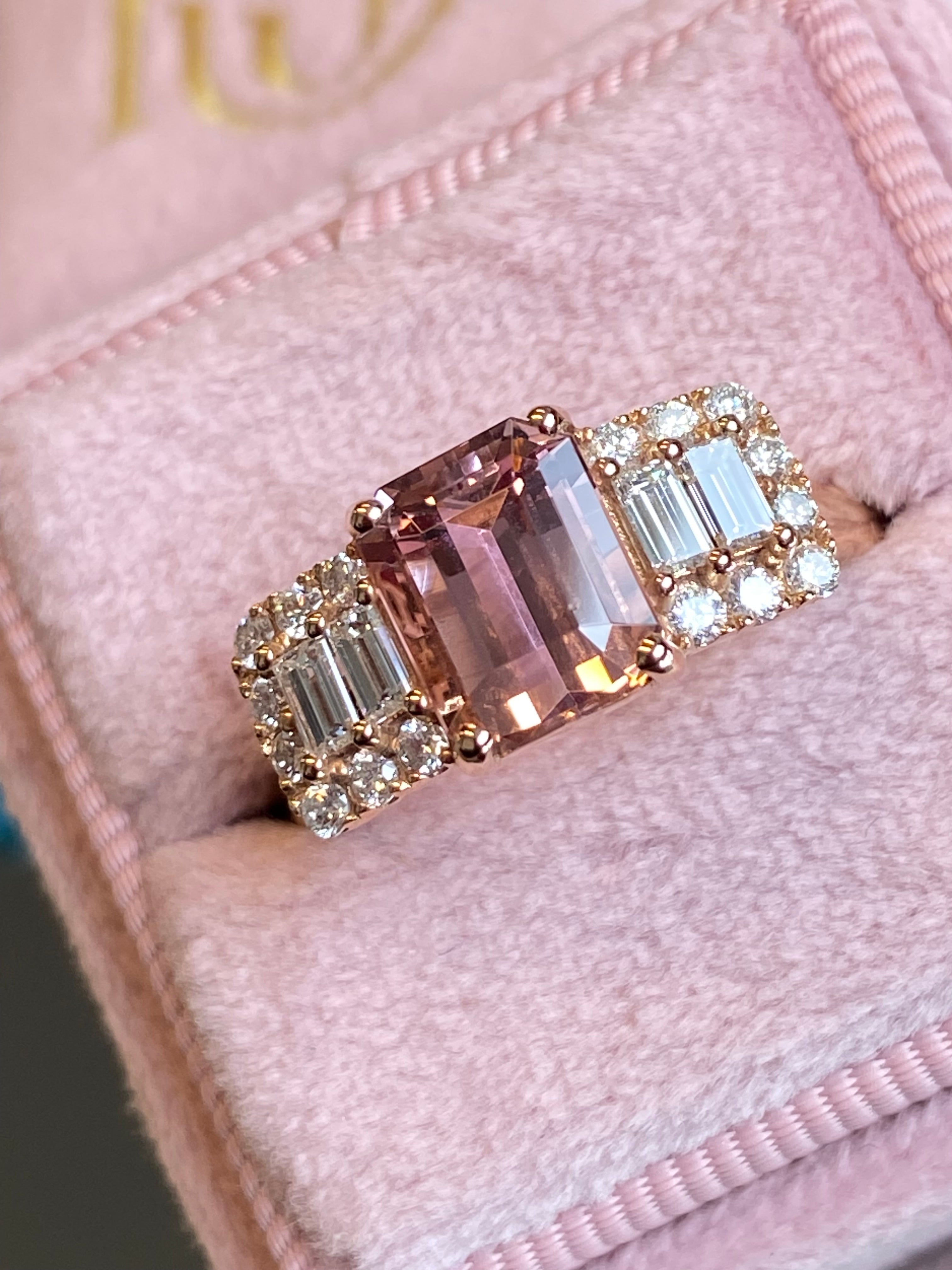 2.49 CTW Emerald Cut Morganite and Diamond Three Stone Style Engagement Ring in 18ct Rose Gold
