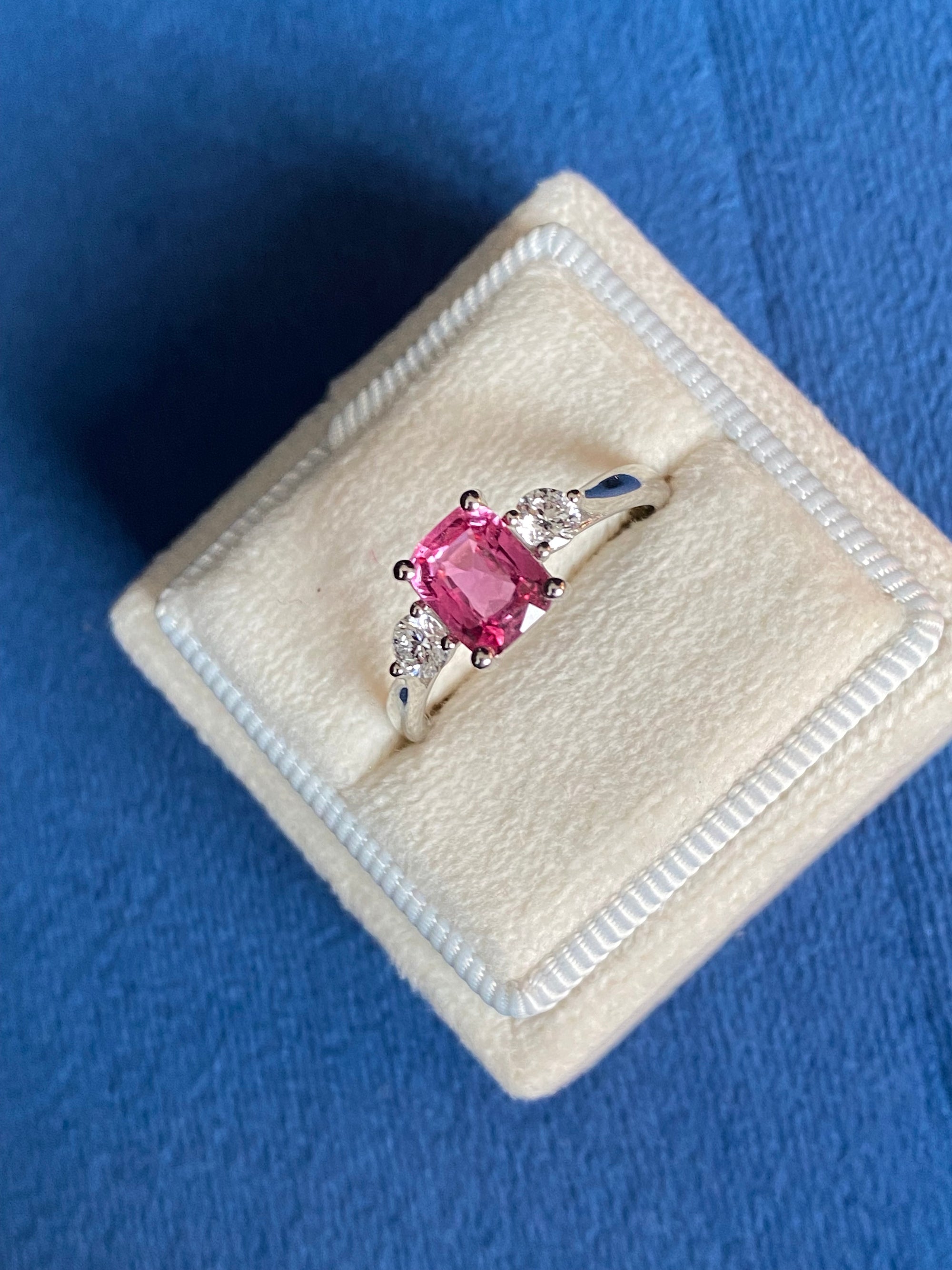 1.52 CTW Cushion Cut Ruby and Natural Diamond Three-Stone Engagement Ring in Platinum
