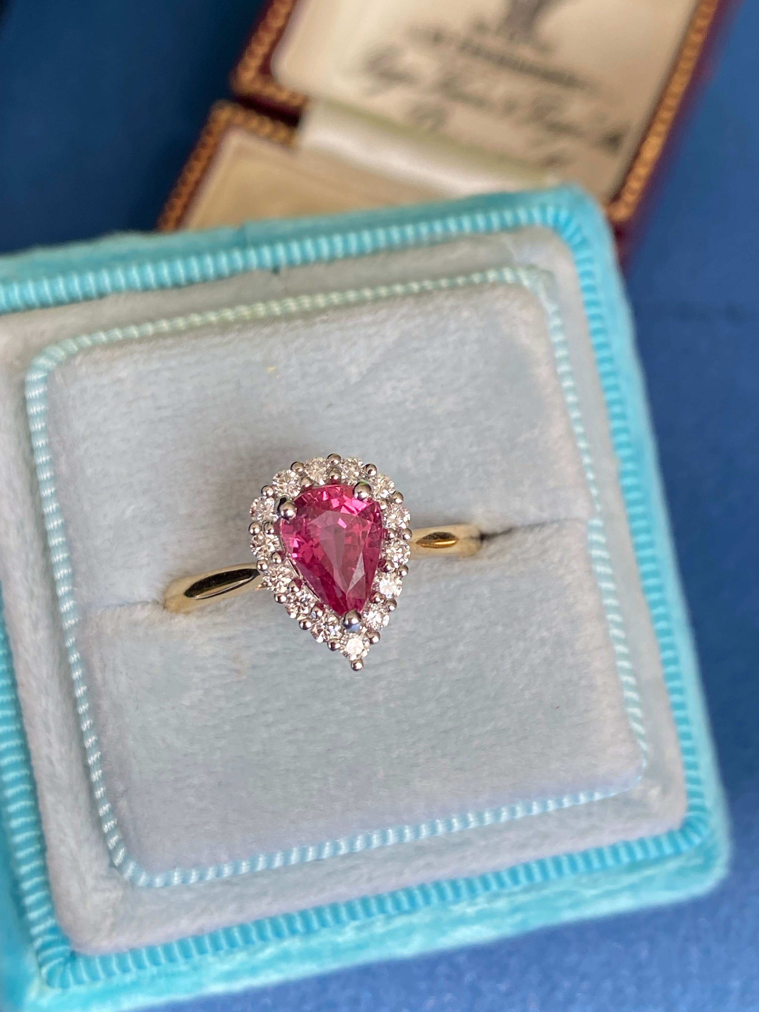 1.28 CTW Pear Cut Ruby and Natural Diamond Ring in Platinum and 18ct Yellow Gold