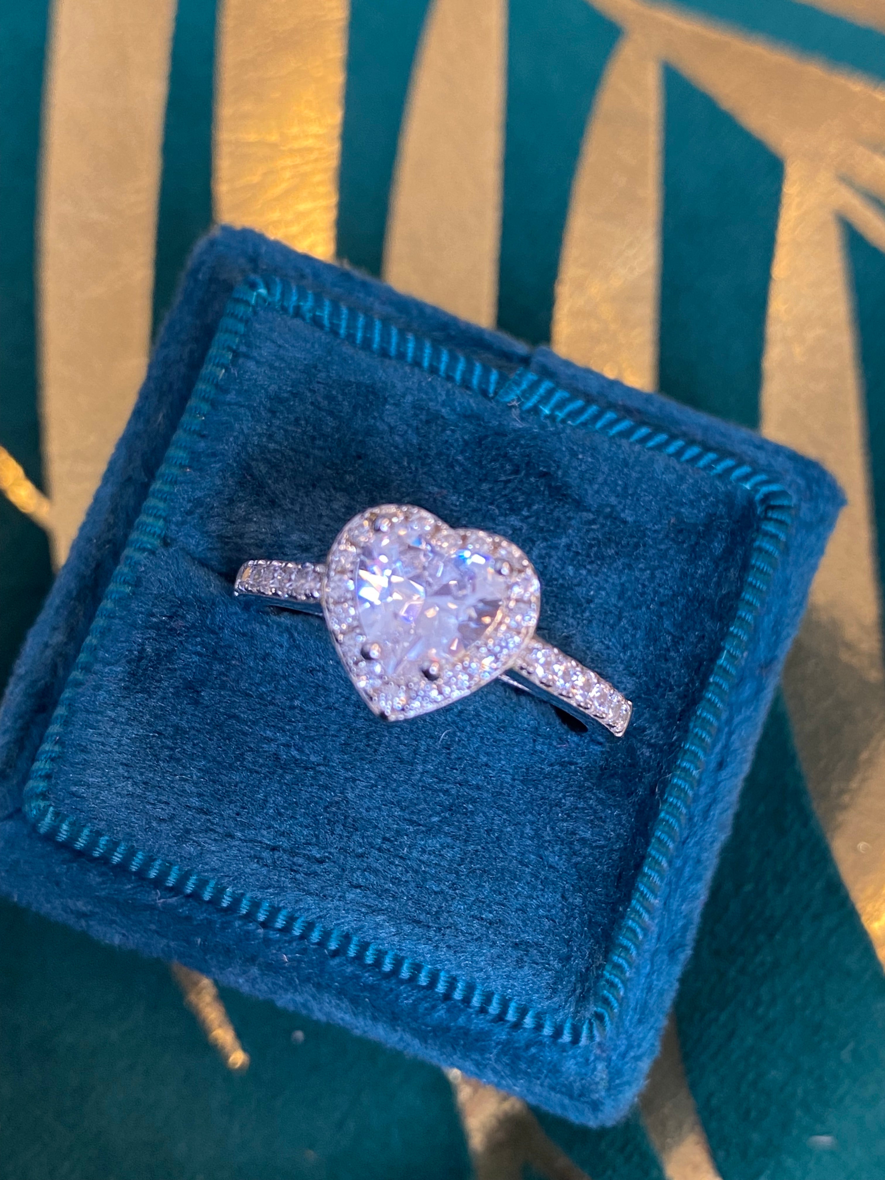 Heart Shape Moissanite Halo Engagement and Wedding / Eternity Ring Set in Sterling Silver