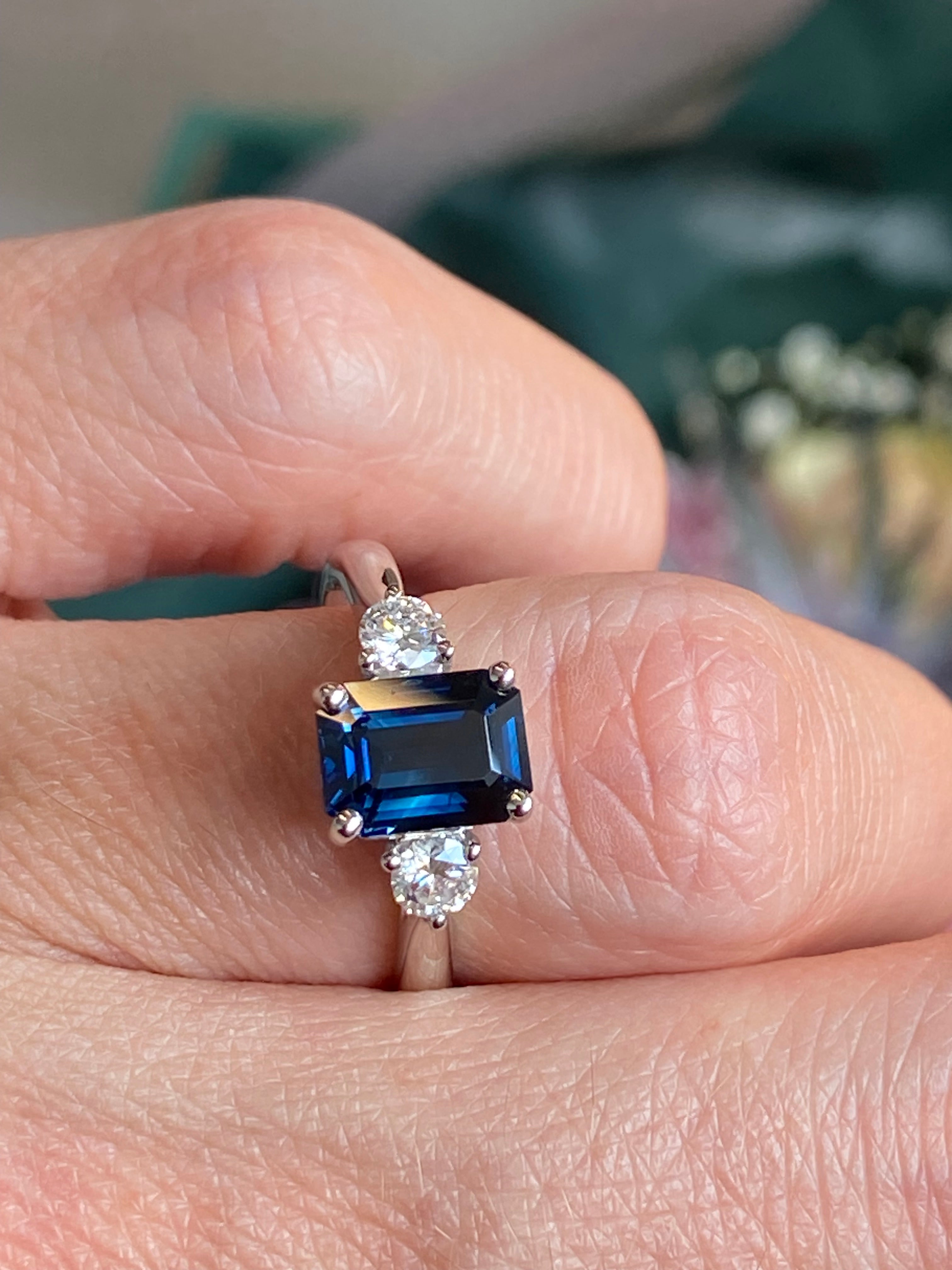 2.04 Carat Teal Sapphire and 0.29 CTW Natural Diamond Three Stone Ring in Platinum