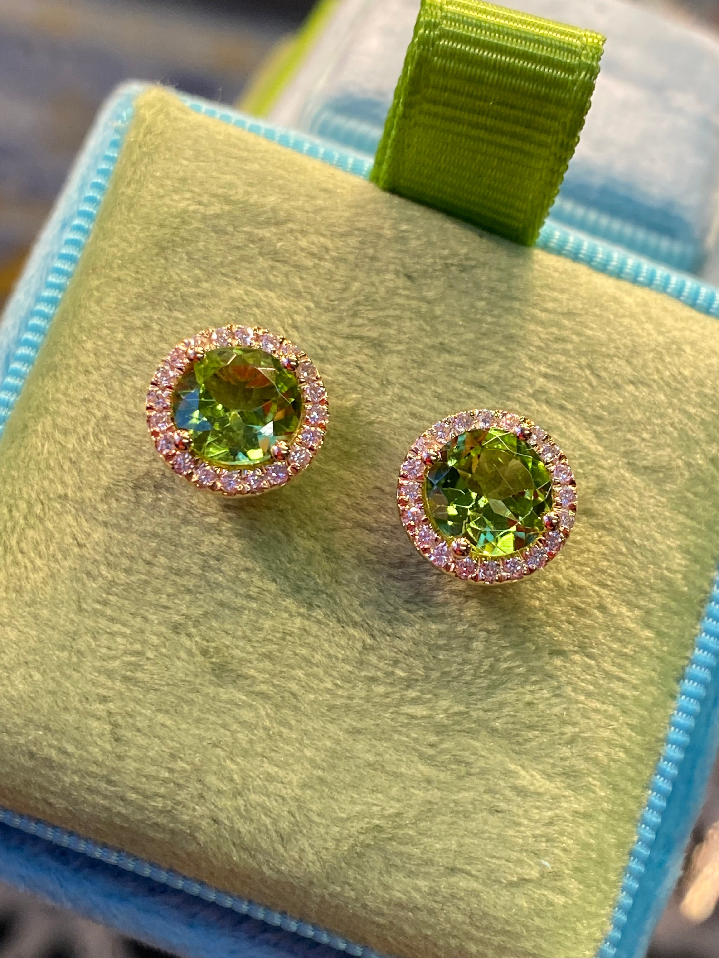 Round Cut Peridot and Natural Diamond Stud Earrings in 9ct Yellow Gold