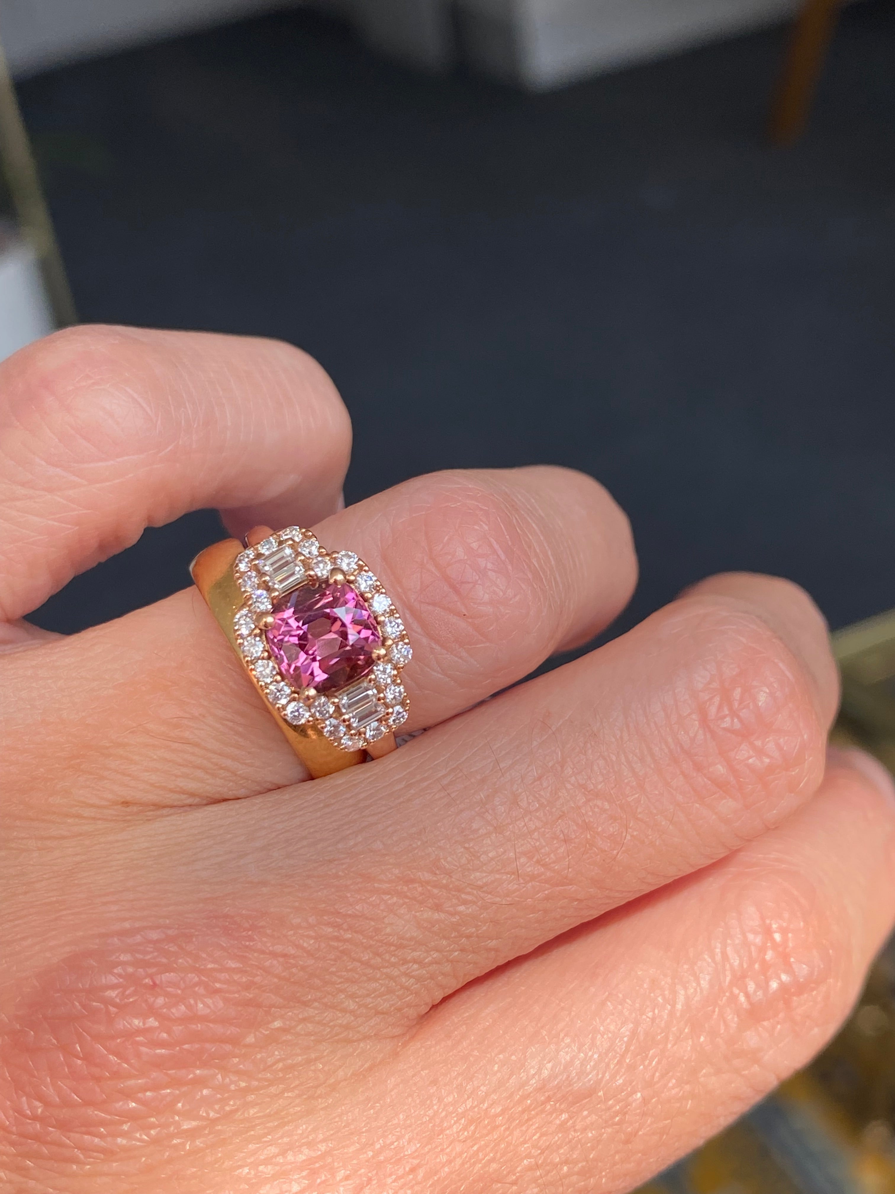 2.02 CTW Pink Tourmaline and Natural Diamond Three Stone Halo Ring in 18ct Rose Gold