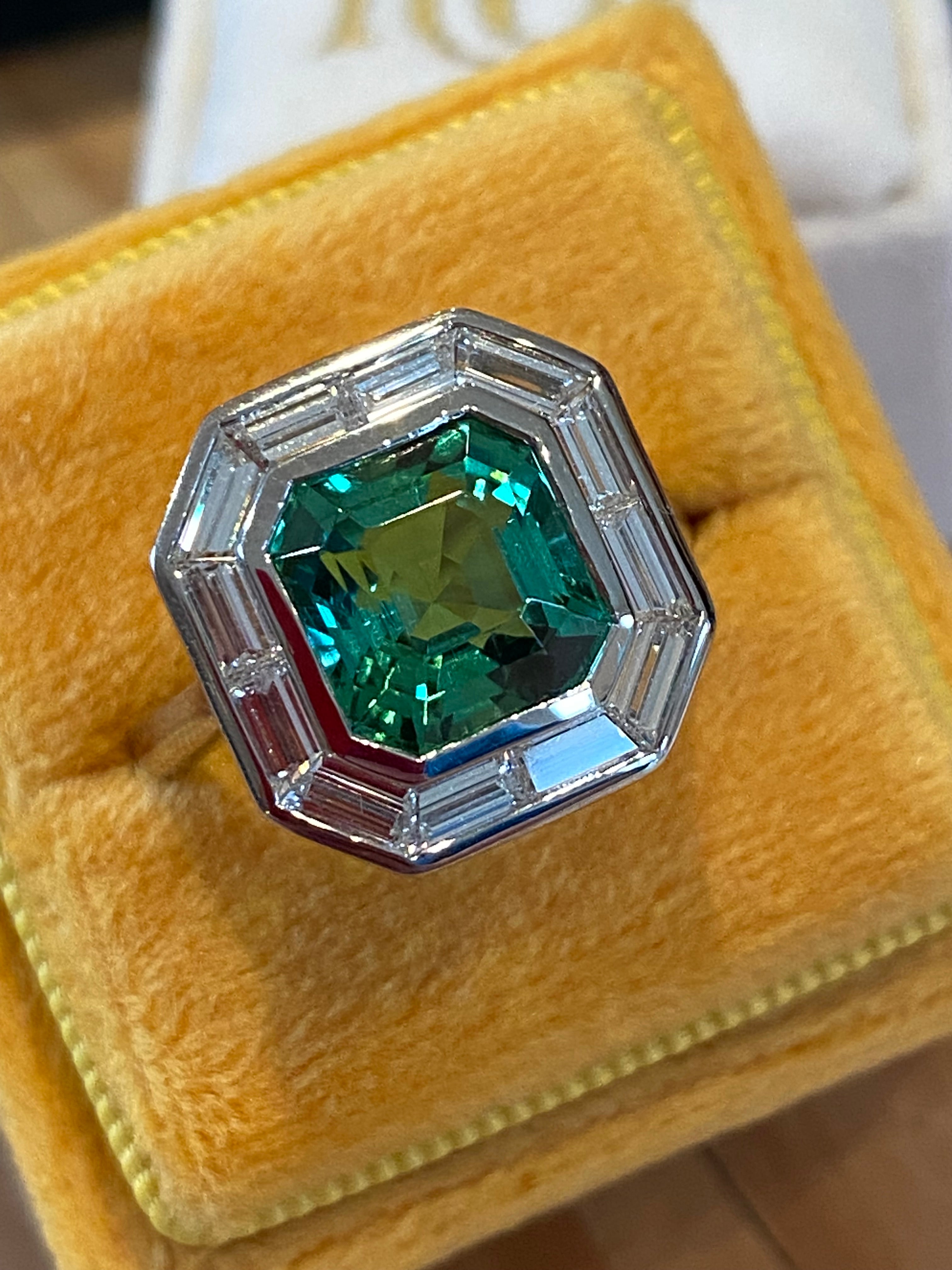 3.98 Carat Mint Tourmaline and 1.15ctw Natural Diamond Ring in Platinum