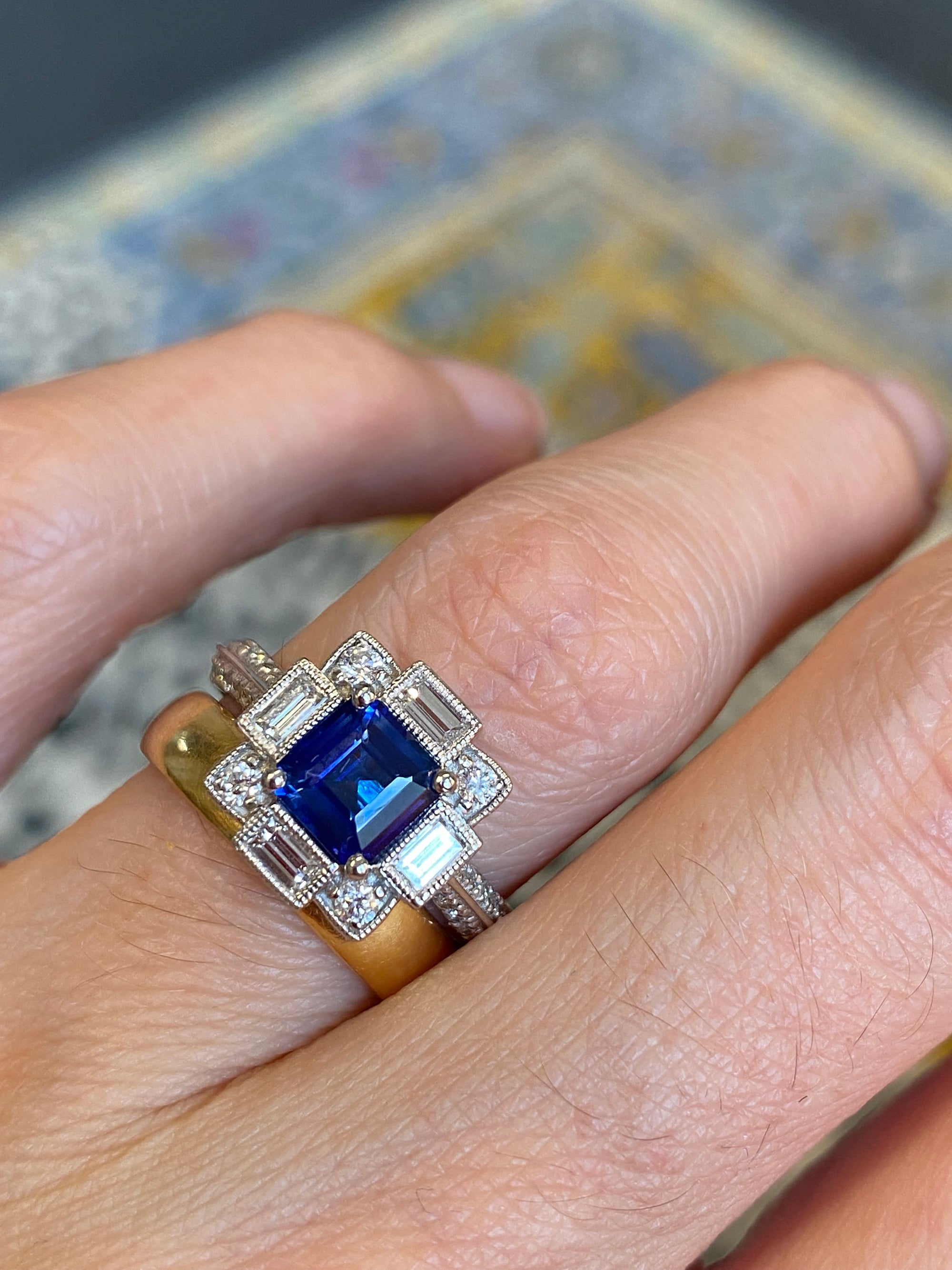 1.79 CTW Blue Ceylon Sapphire and Natural Diamond Art Deco Style Halo Ring in Platinum