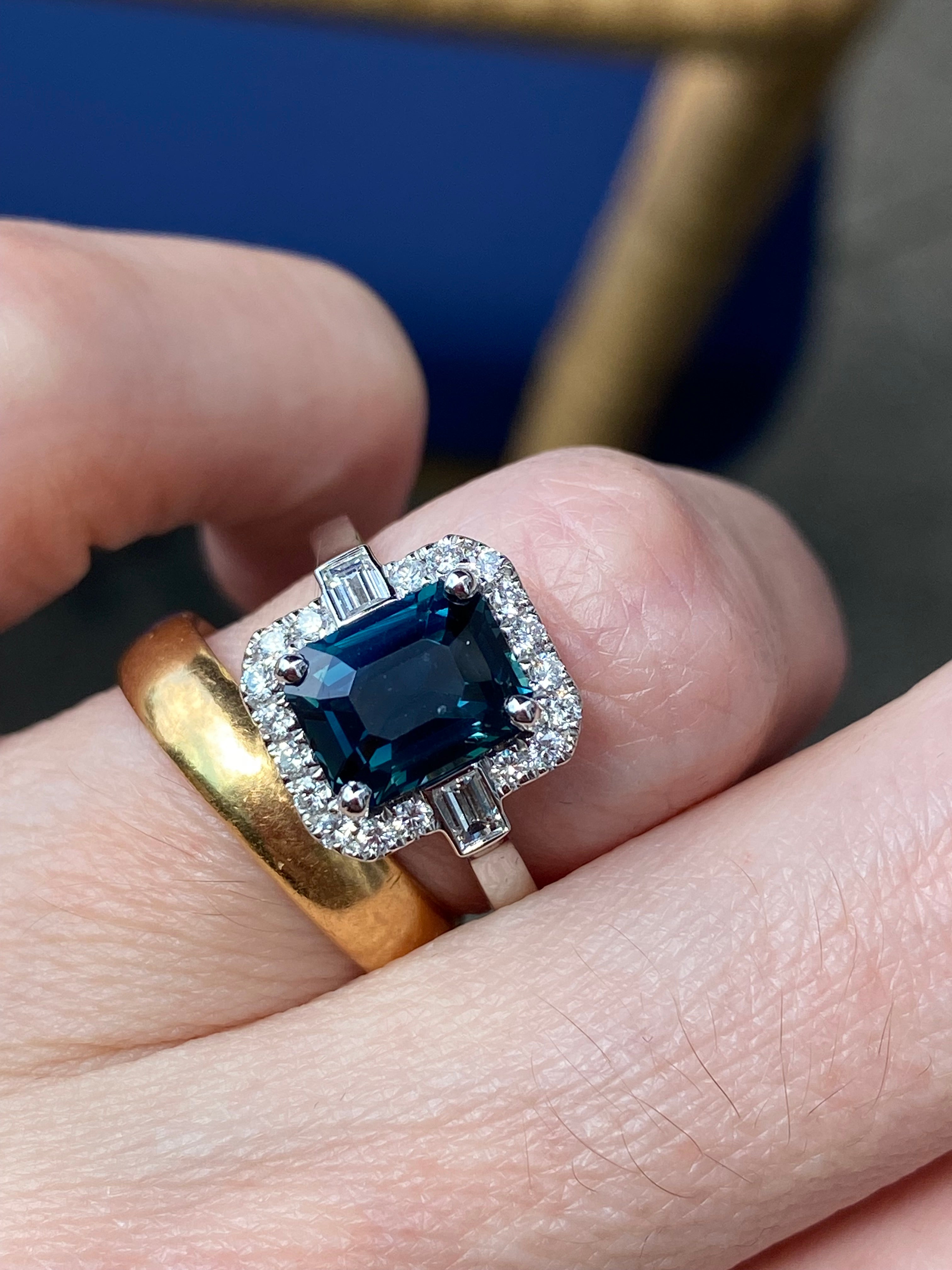 2.52 Carat Emerald Cut Teal Sapphire and Natural Diamond Halo Ring in Platinum