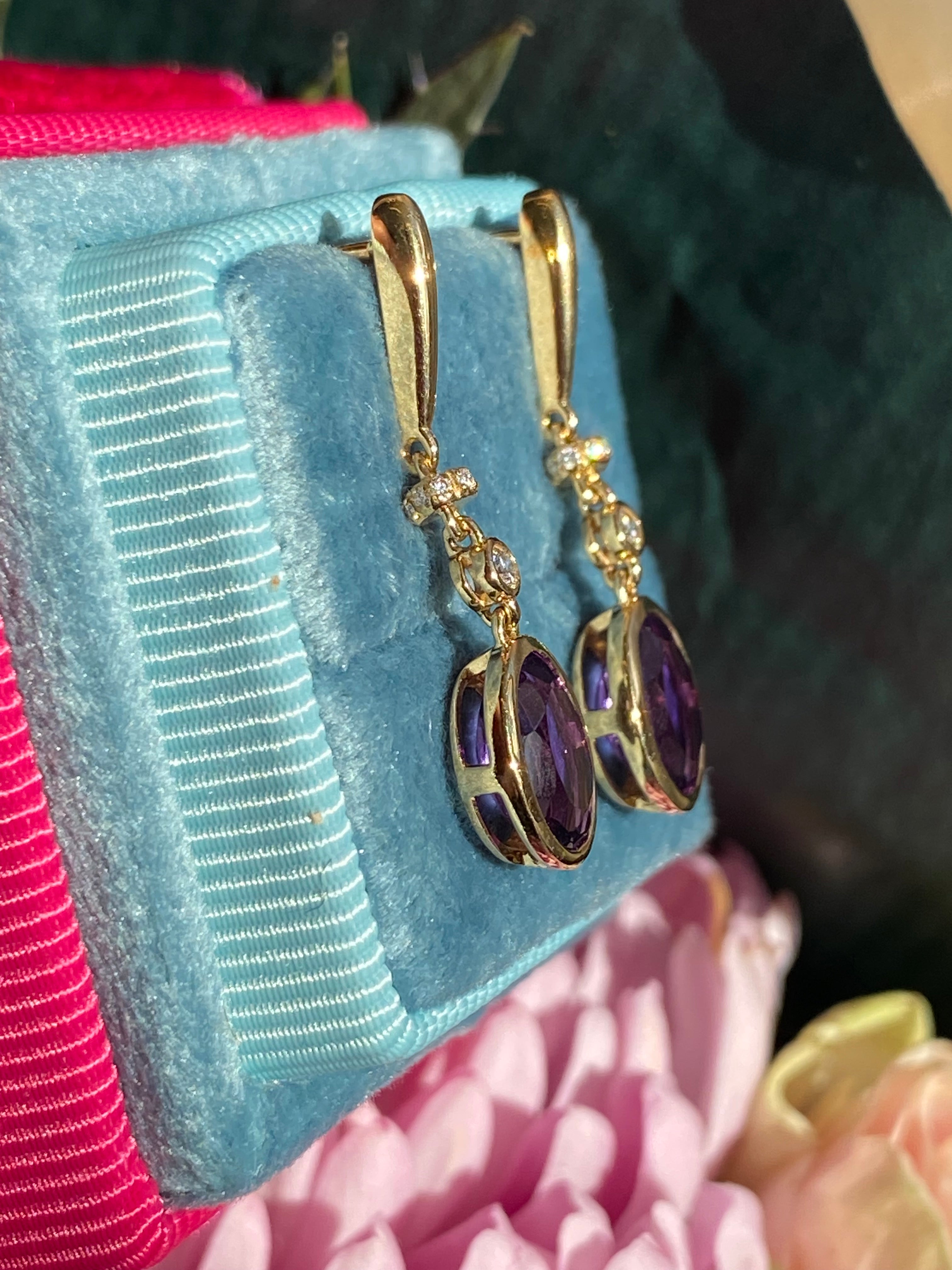 2.47 CTW Amethyst and Diamond Drop Earrings in 18ct Yellow Gold