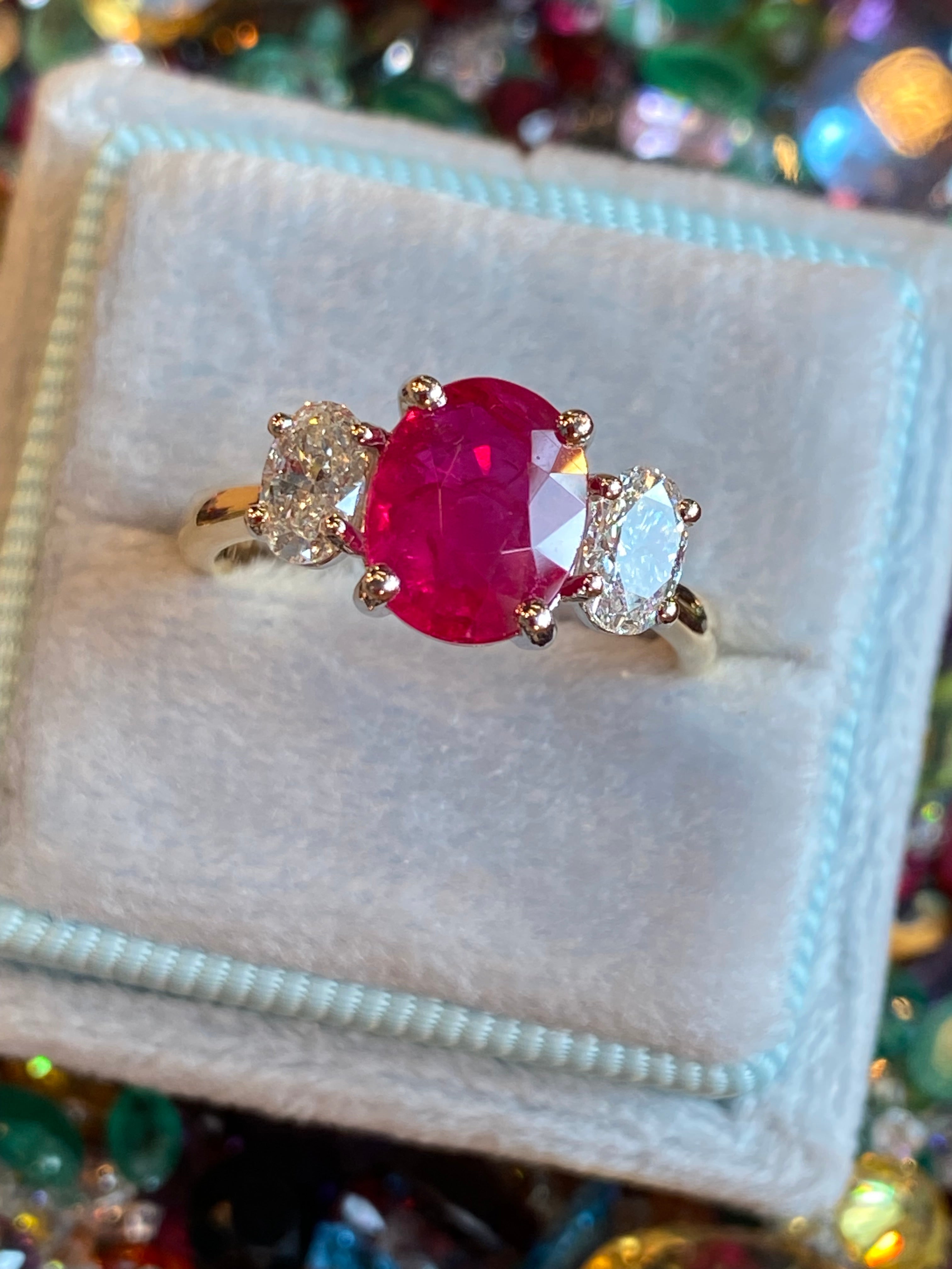 2.03 Carat Ruby and Natural Diamond Three Stone Ring in Platinum and 18ct Yellow Gold