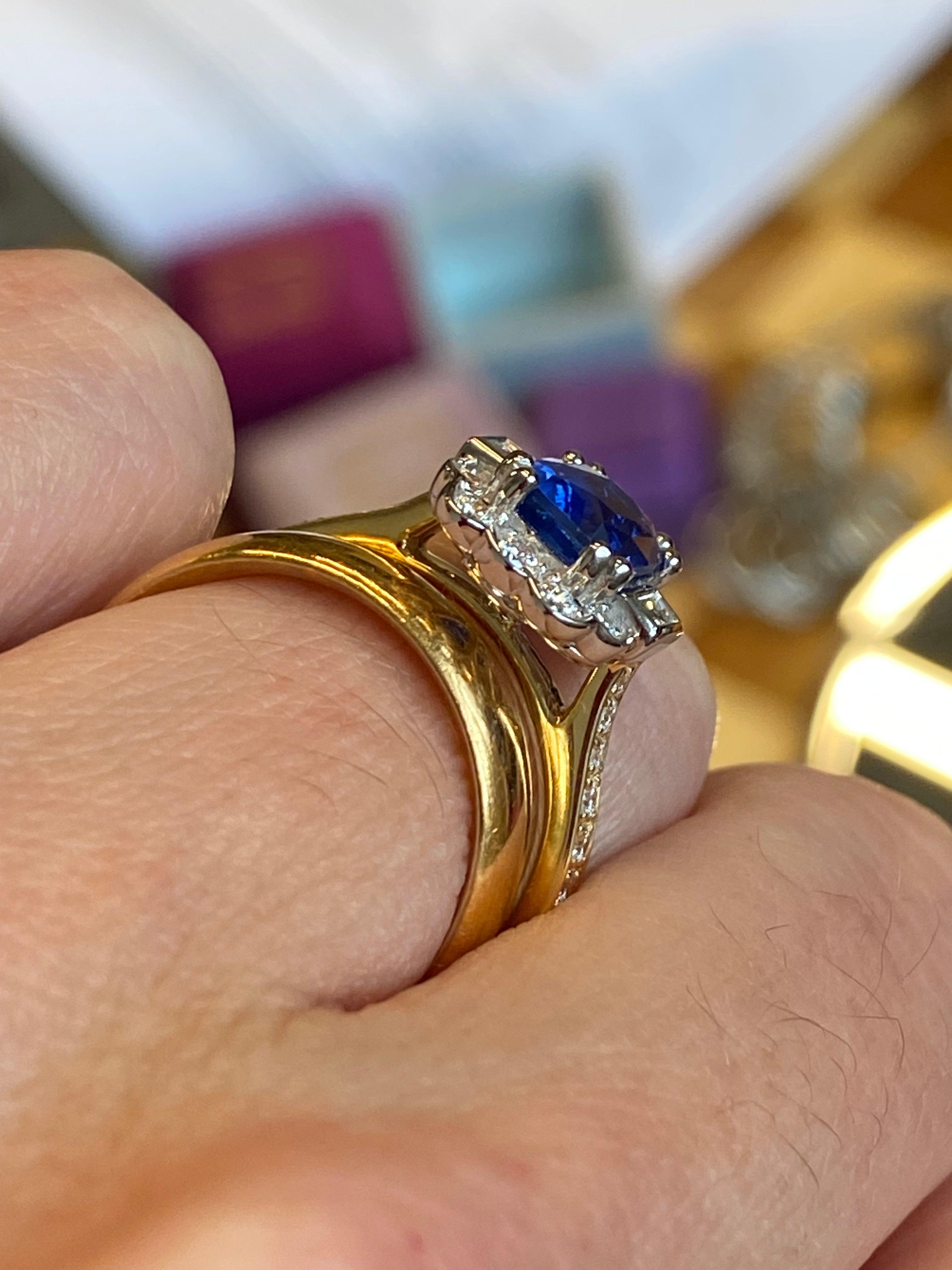 2.11 CTW Cushion Cut Ceylon Sapphire and Natural Diamond Ring in 18ct Yellow Gold