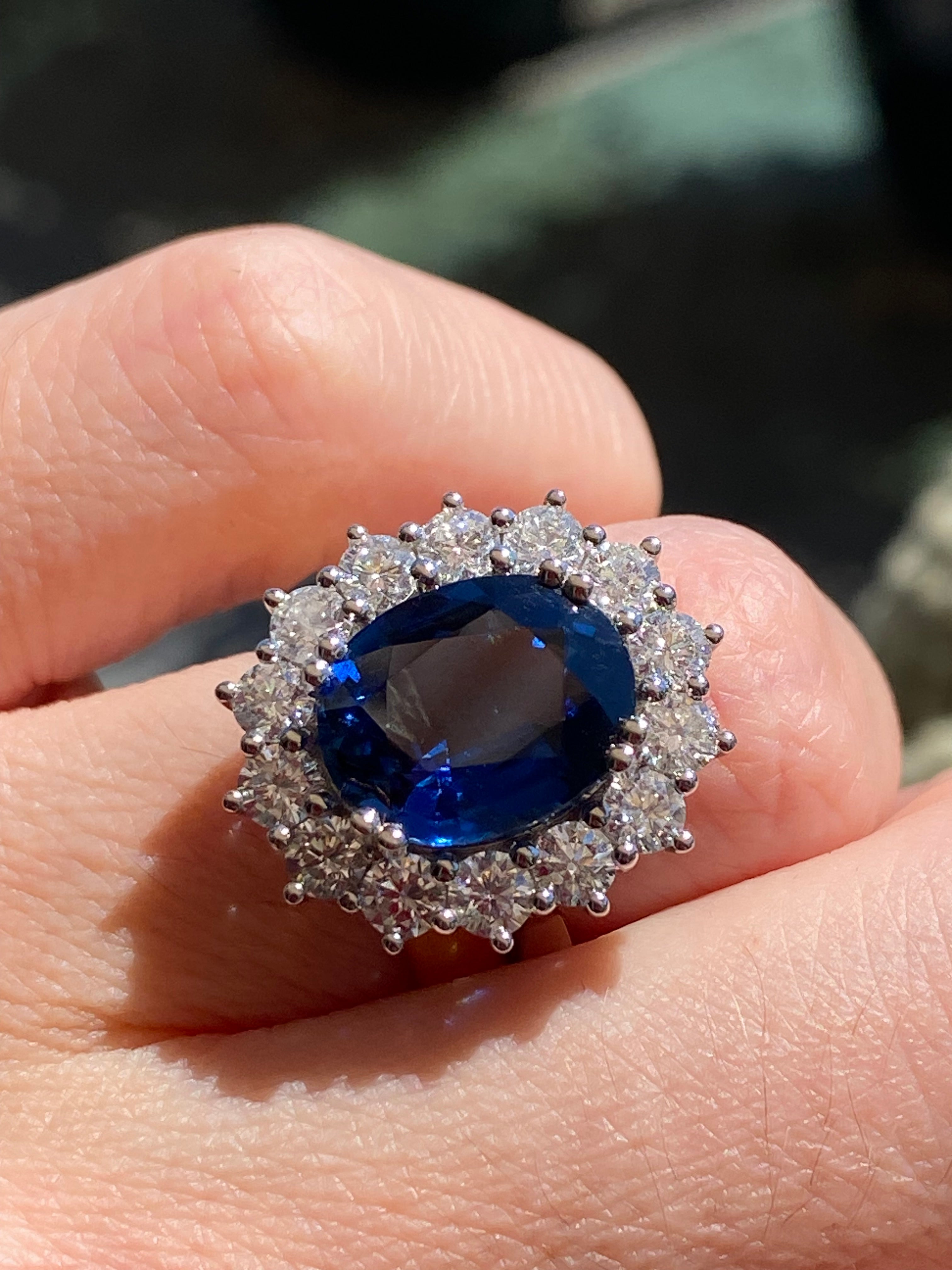 6.37 Carat Gubelin Certed No Heat Blue Ceylon Sapphire and 1.80 CTW Natural Diamond Halo Ring in Platinum