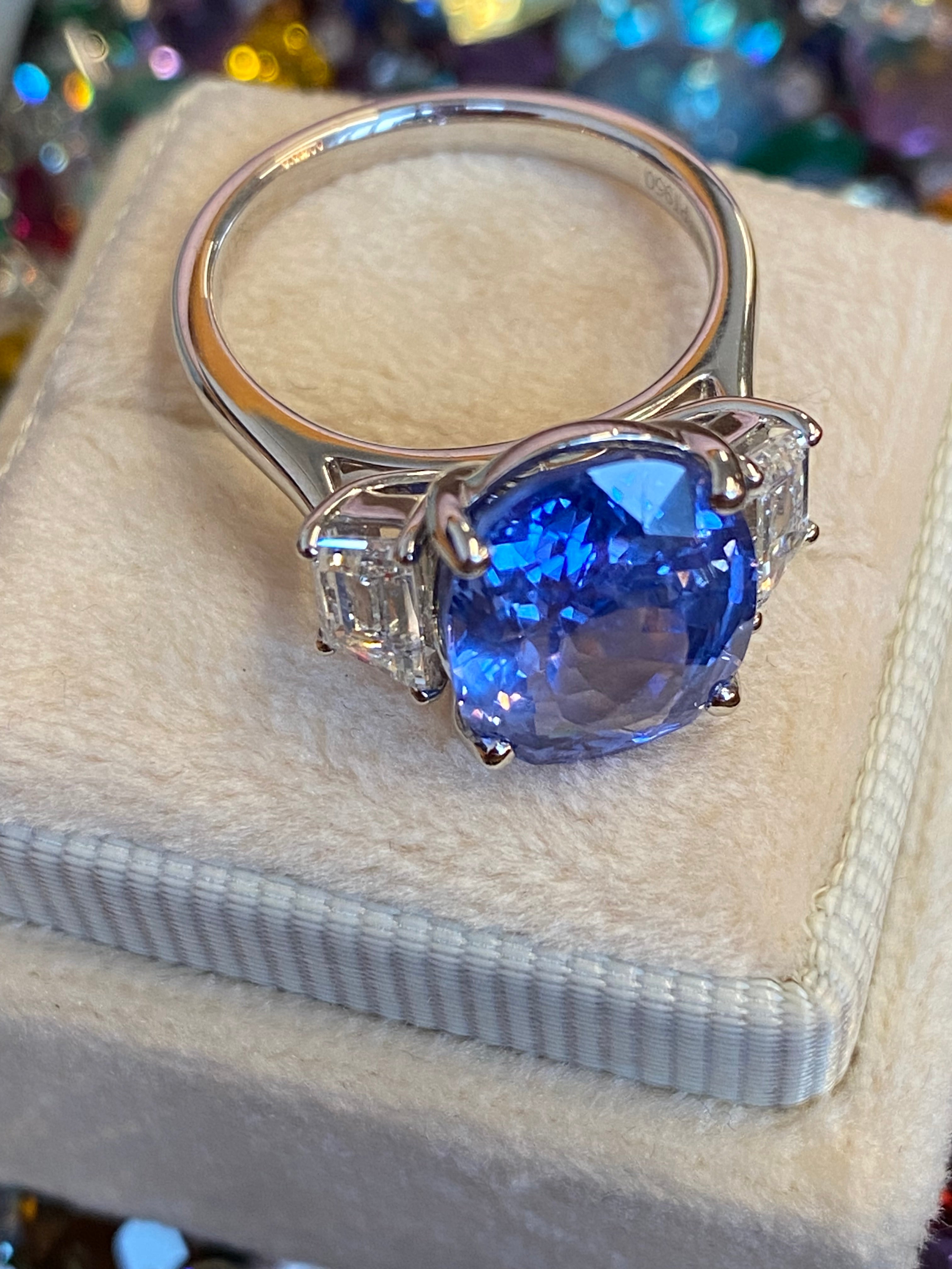 6.25 Carat Unheated Blue Ceylon Sapphire and 0.95 Carat Diamond Ring