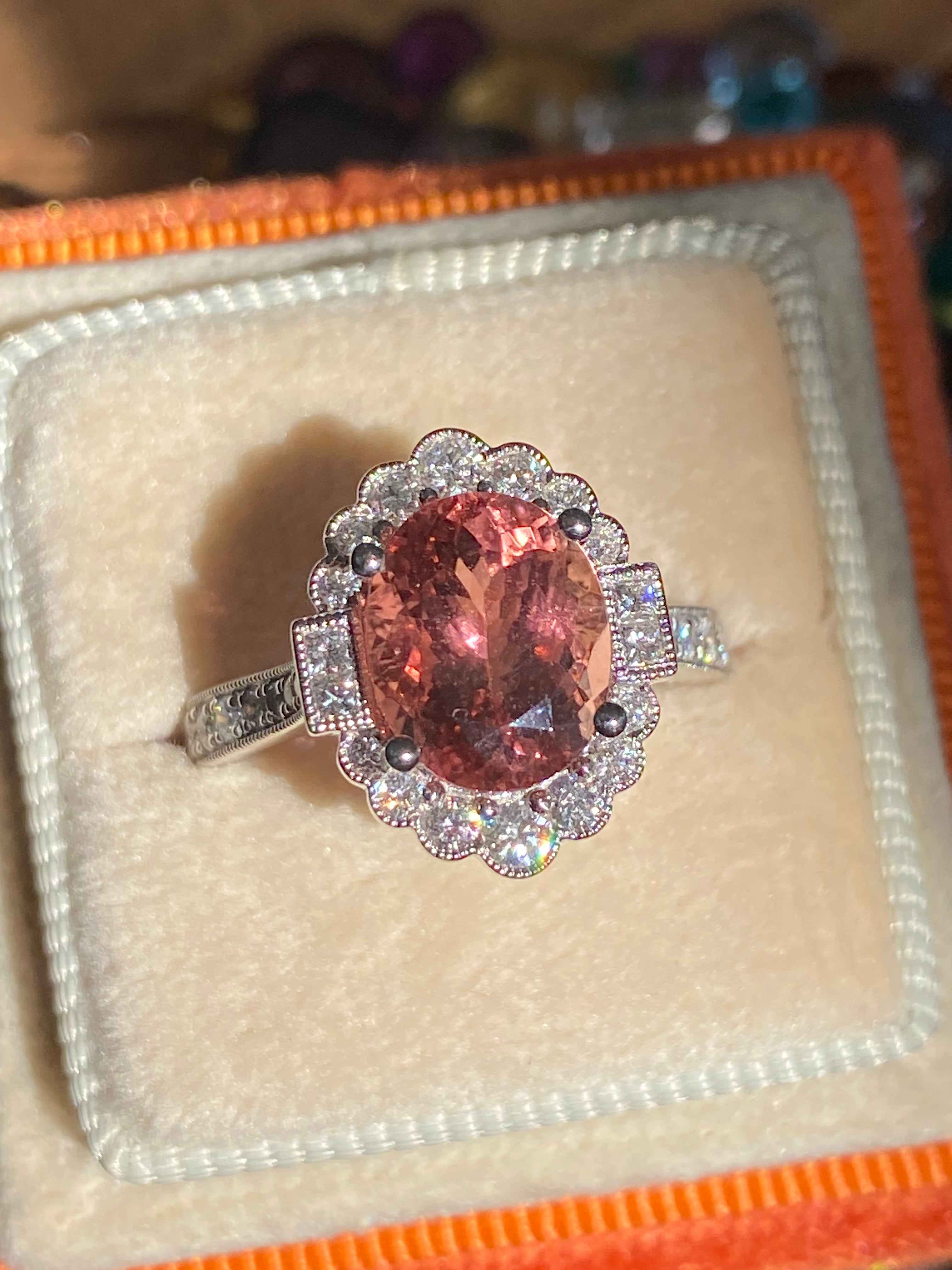 3.69 CTW Rose Tourmaline and Natural Diamond Halo Ring in Platinum