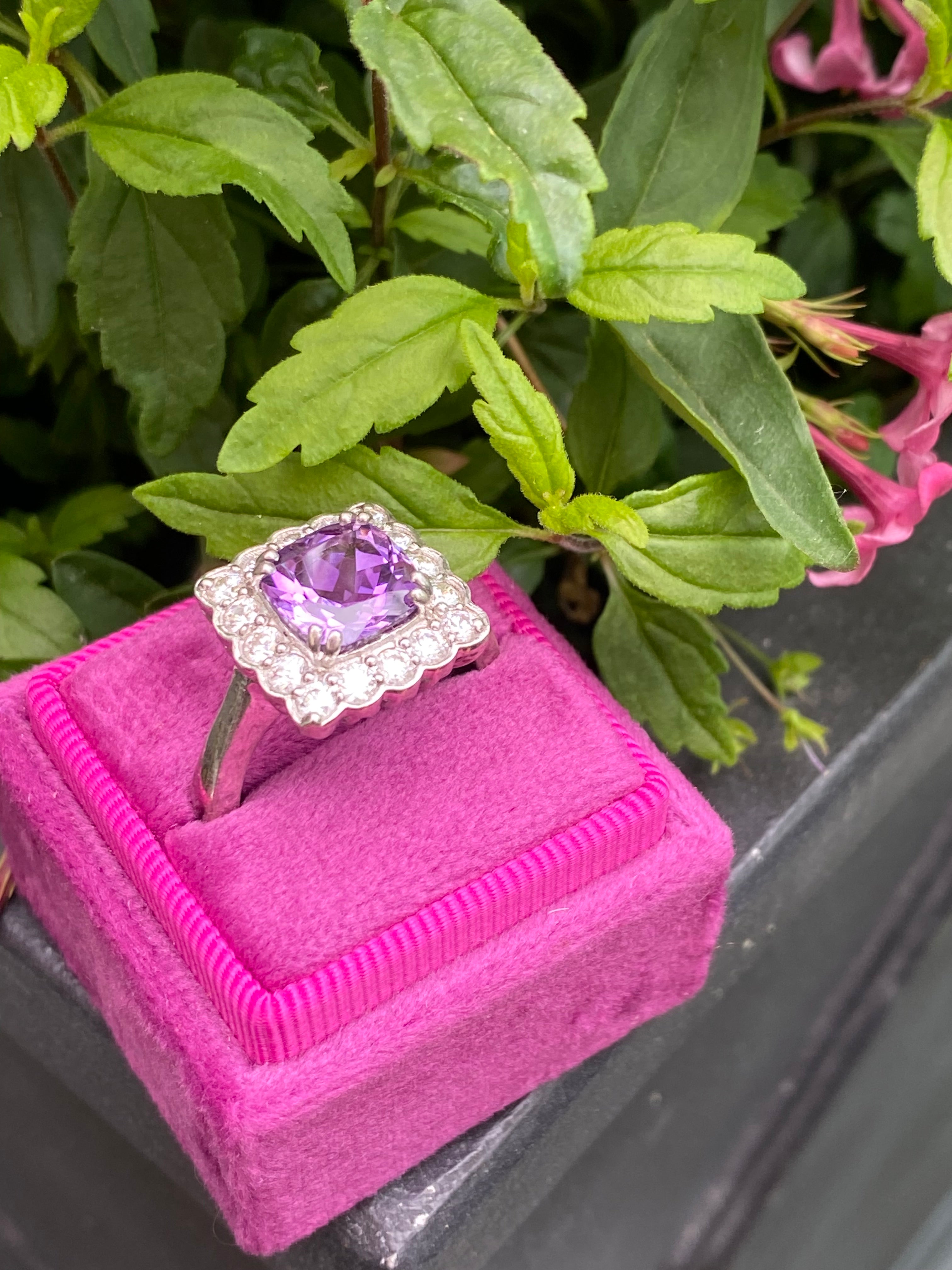 4.29 CTW Cushion Cut Amethyst and Moissanite Halo Cocktail Ring in Sterling Silver