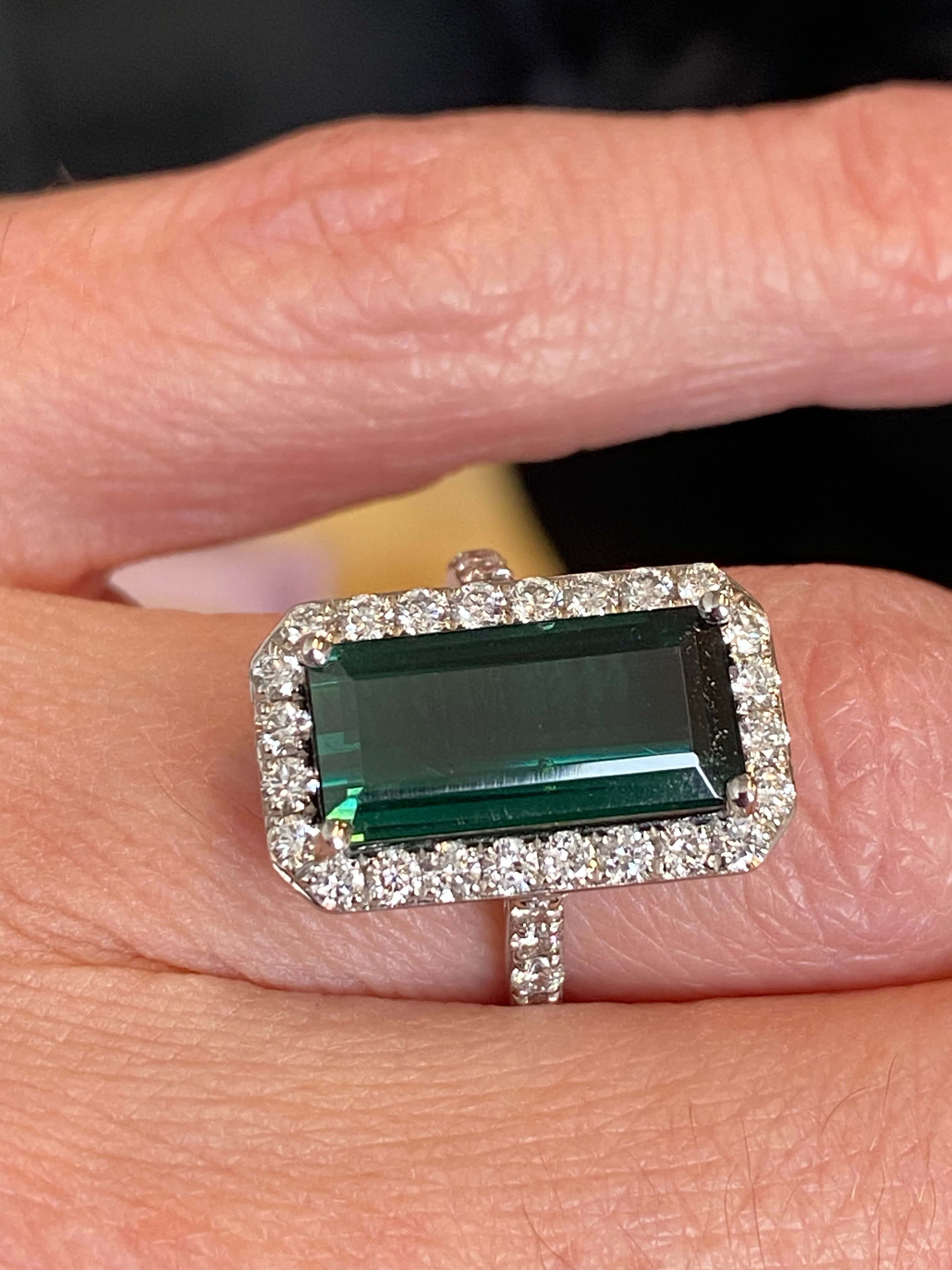 5.28 CTW Emerald Cut Green Tourmaline and Natural Diamond Ring in Platinum