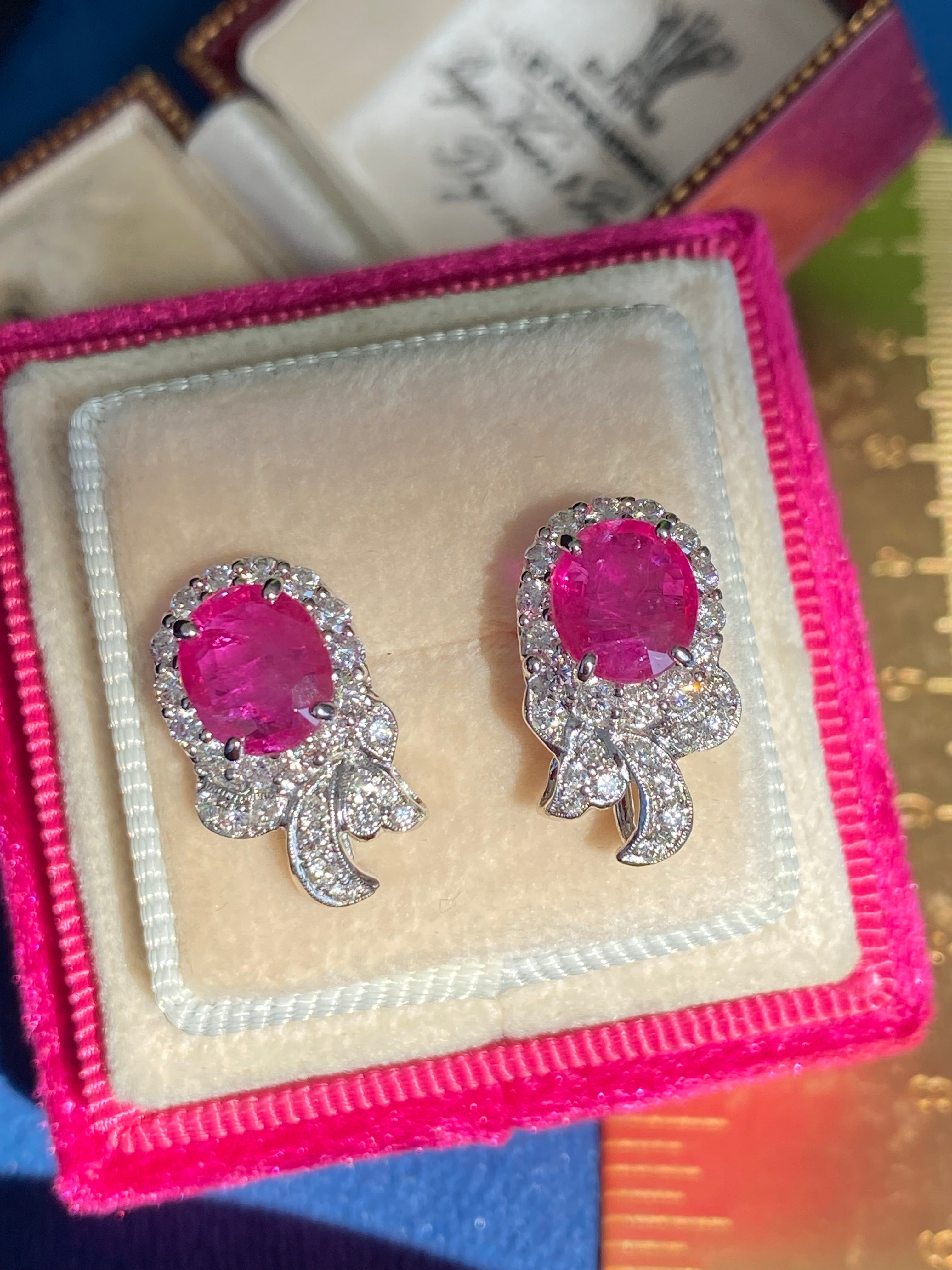 3.98 CTW Vintage Burmese Ruby Stud Earrings in 18ct White Gold