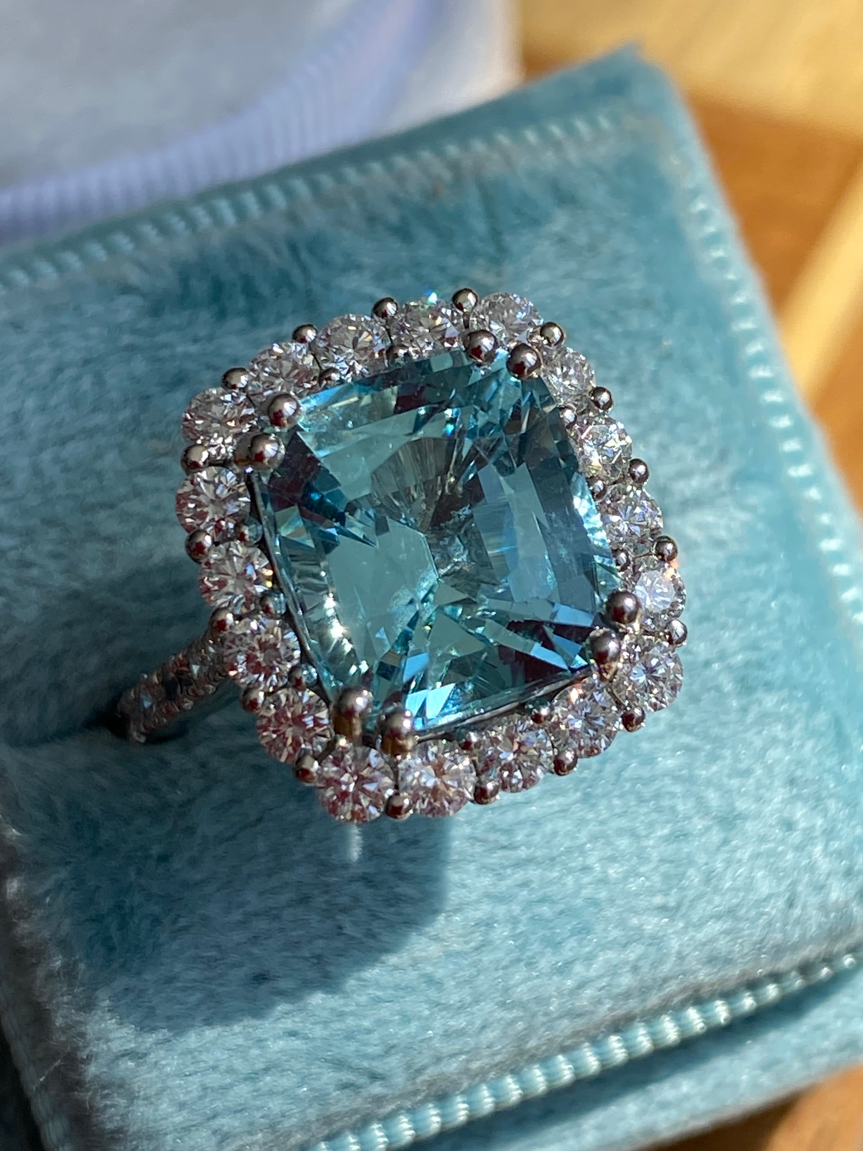 5.69 CTW Cushion Cut Aquamarine and Diamond Engagement Ring in Platinum
