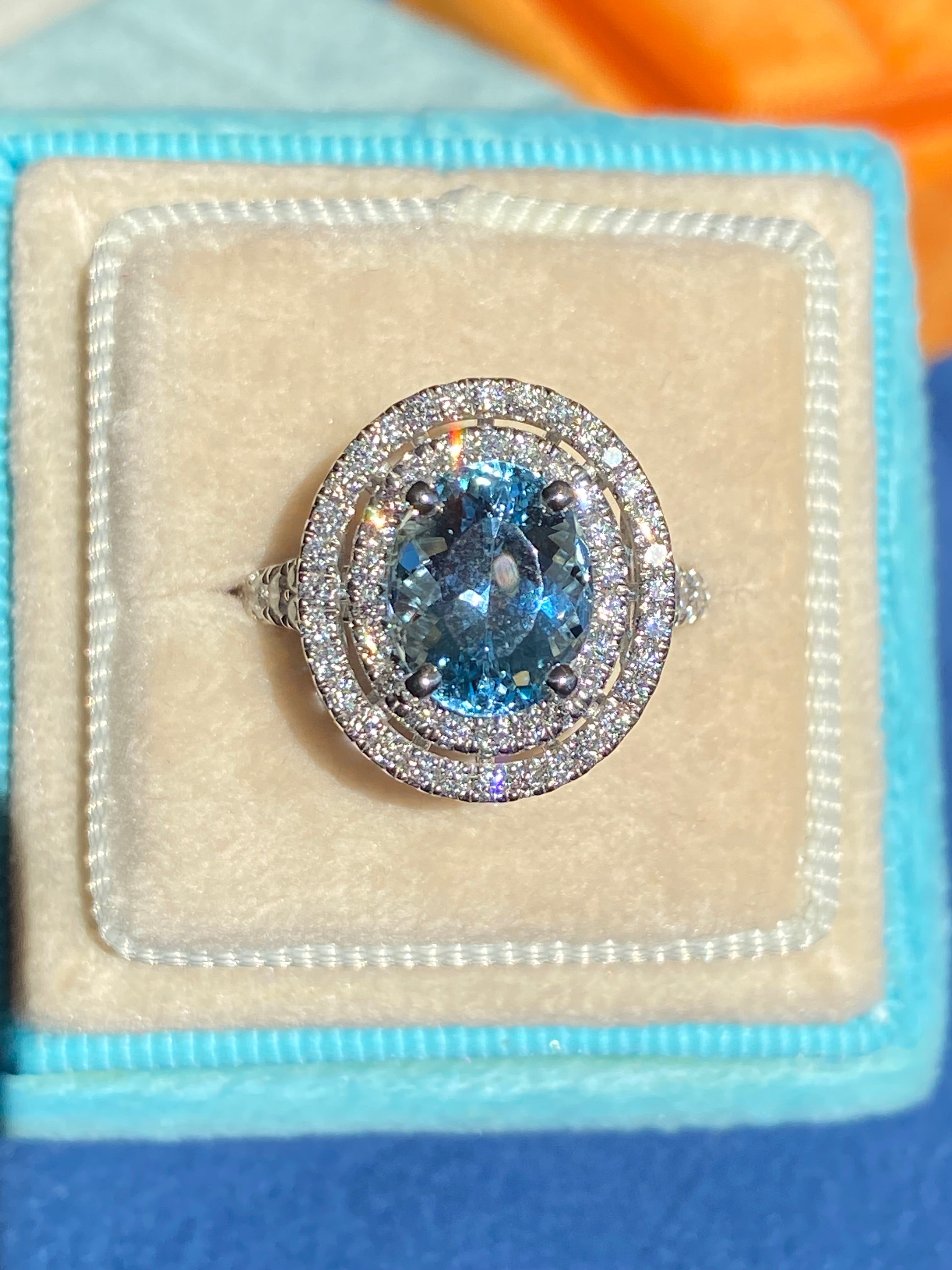 3.23 CTW Oval Cut Aquamarine and Natural Diamond Double Halo Engagement Ring in Platinum
