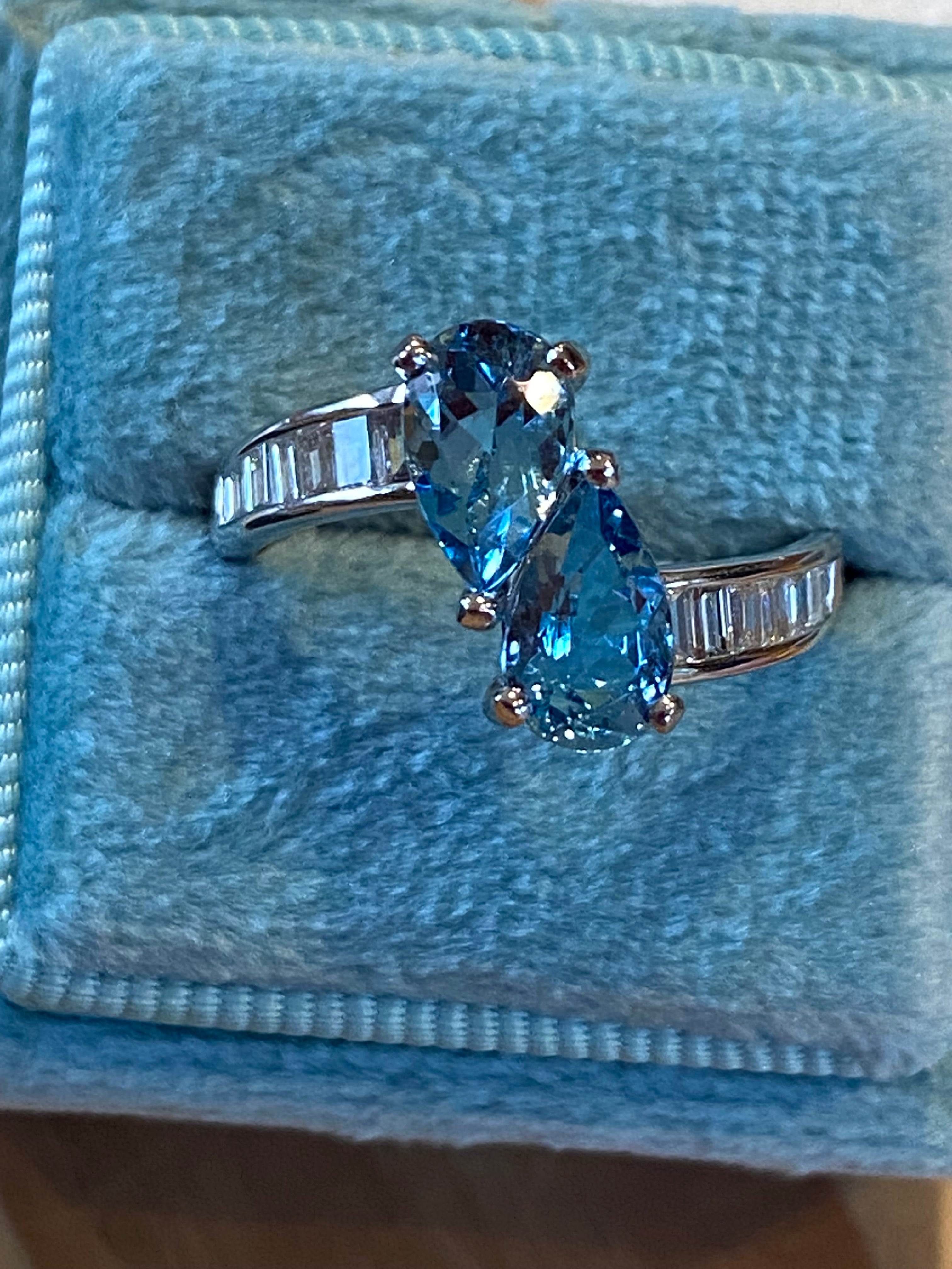 2.01 CTW Pear Cut Aquamarine and Natural Diamond Toi et Moi Ring in Platinum