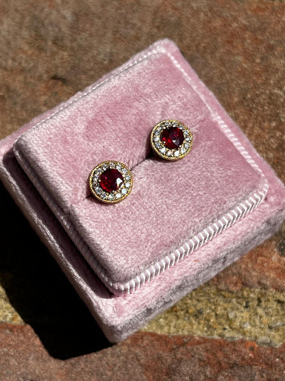 Ruby and Natural Diamond Halo Stud Earrings in 18ct Yellow Gold