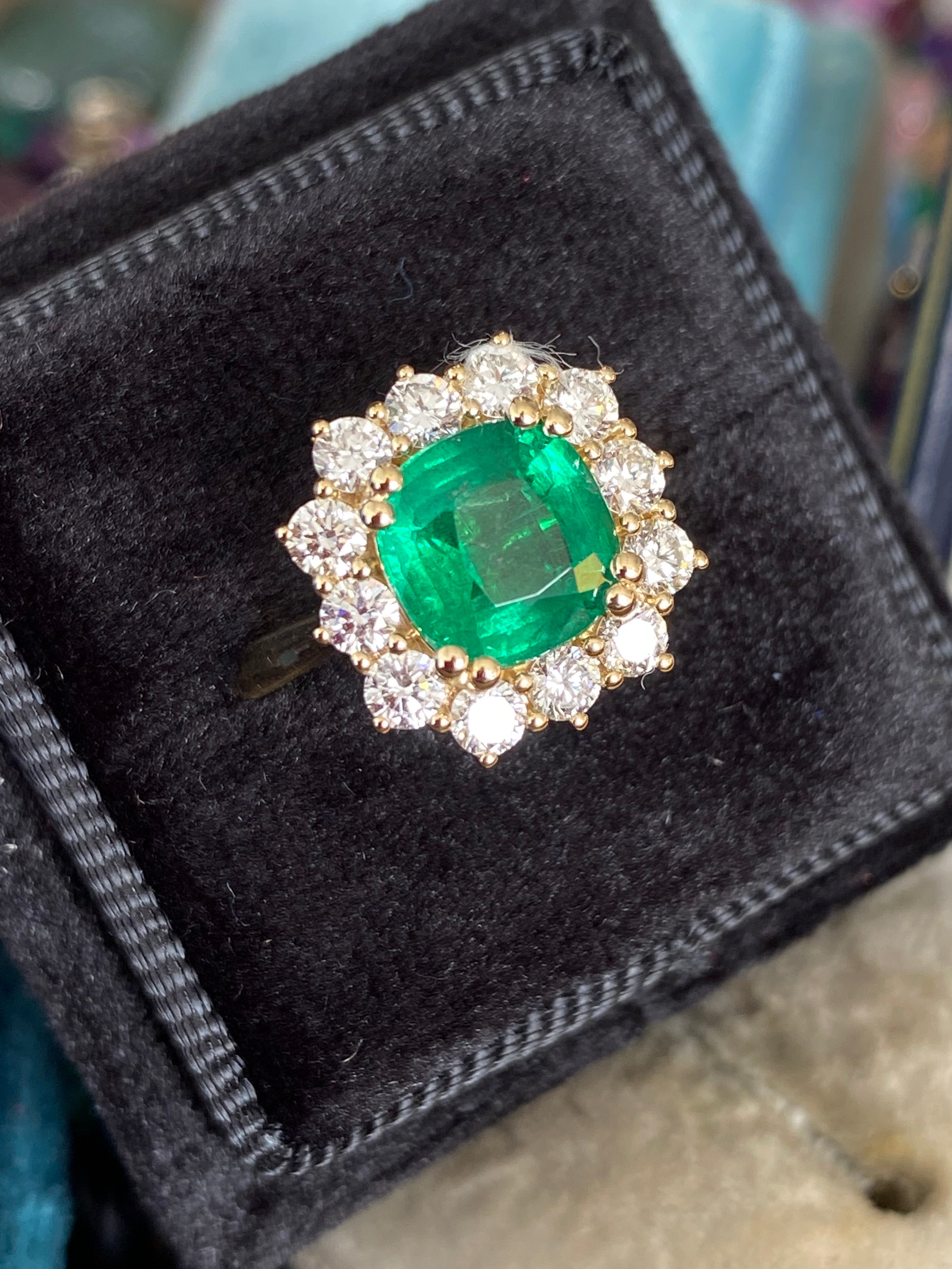Masterpiece Cushion Cut Emerald and Natural Diamond Halo Ring in 18ct Yellow Gold